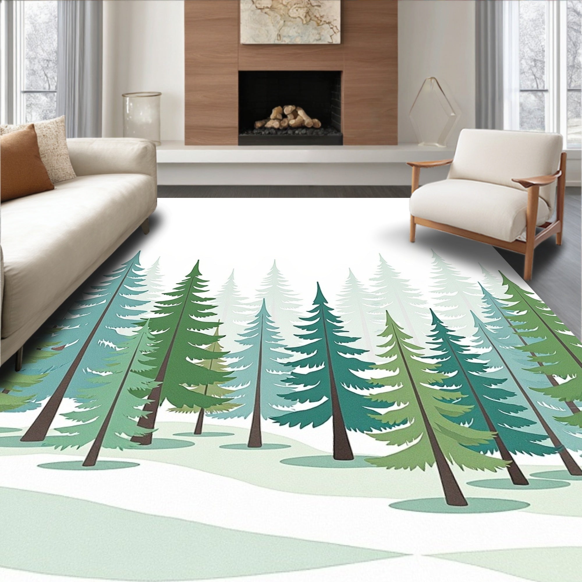 Misty Forest Evergreen Trees Rug