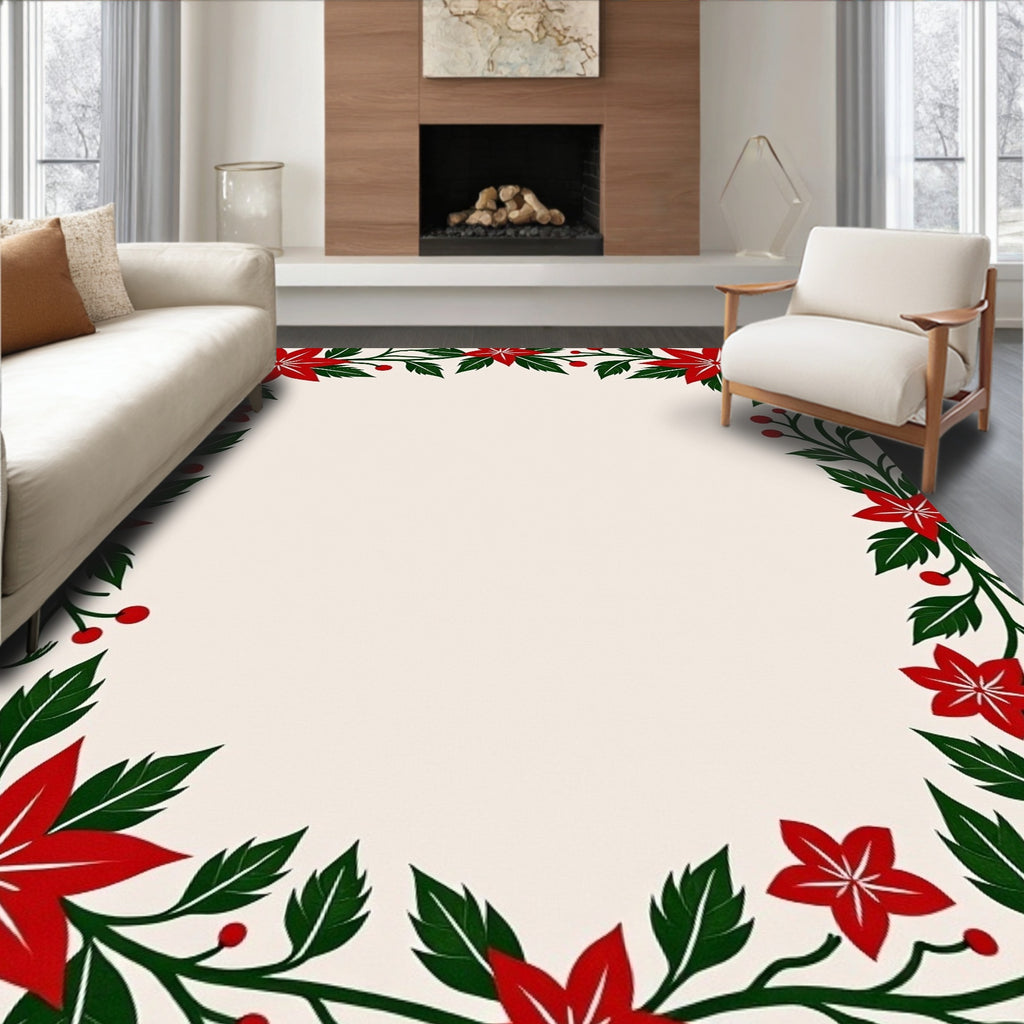 Rustic Red Floral Holiday Border Rug