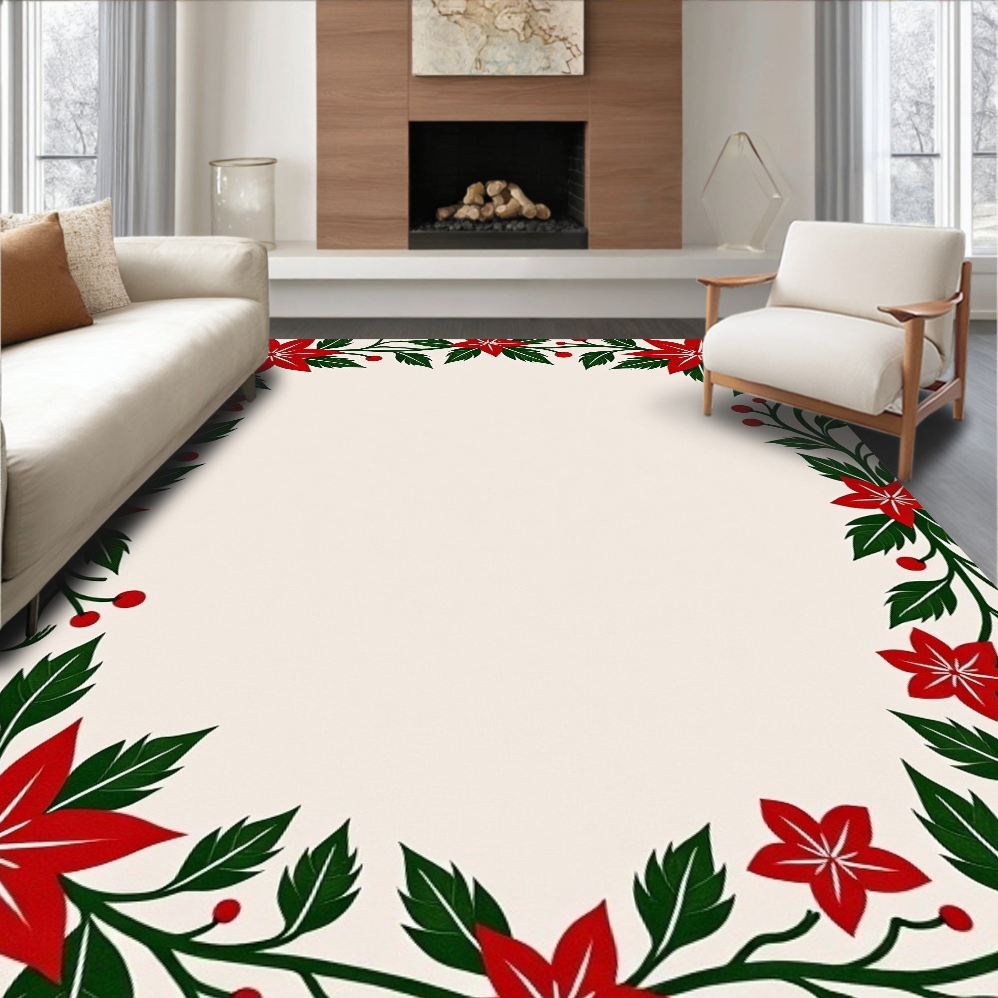 Rustic Red Floral Holiday Border Rug