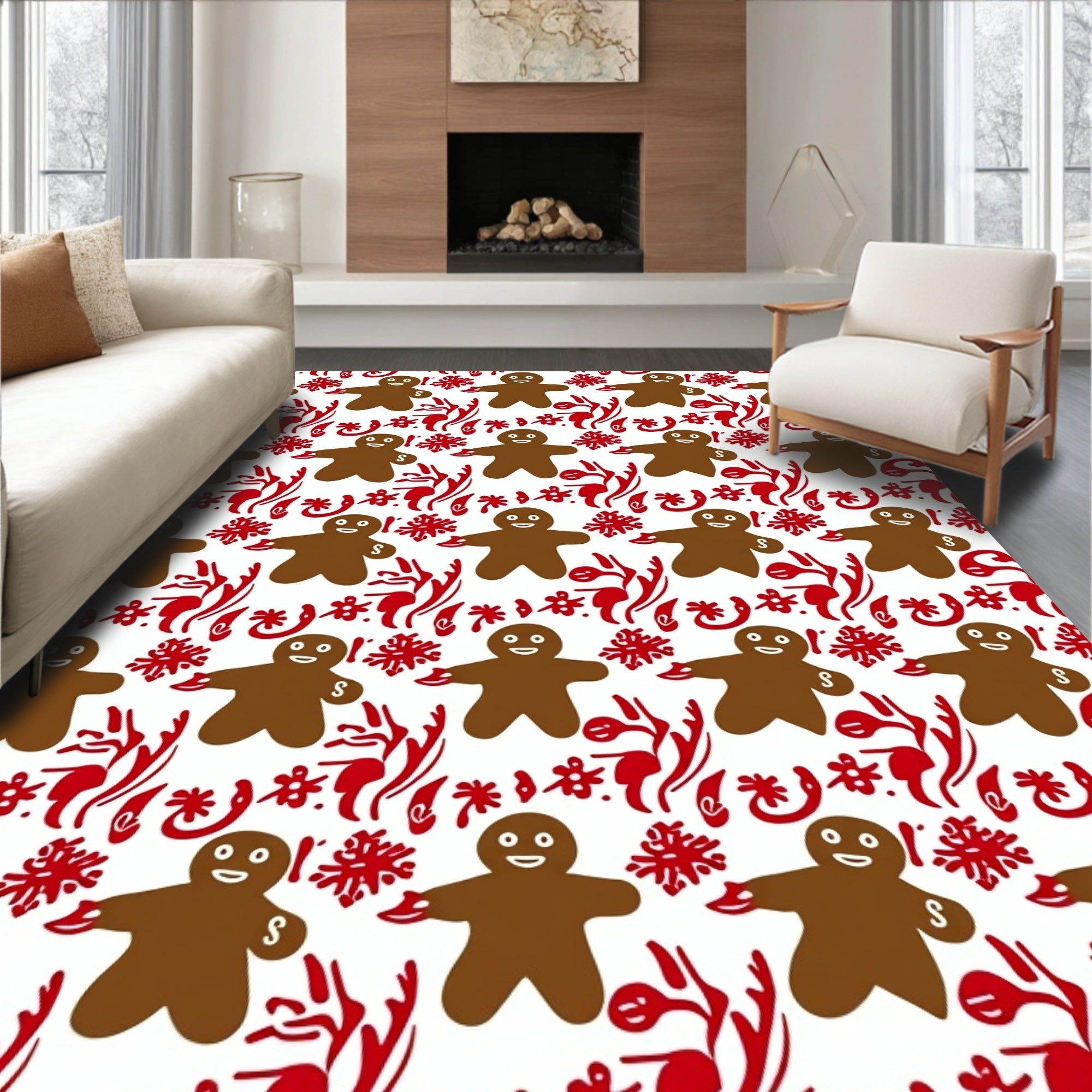 Brown Gingerbread Man Red Snowflake Rug
