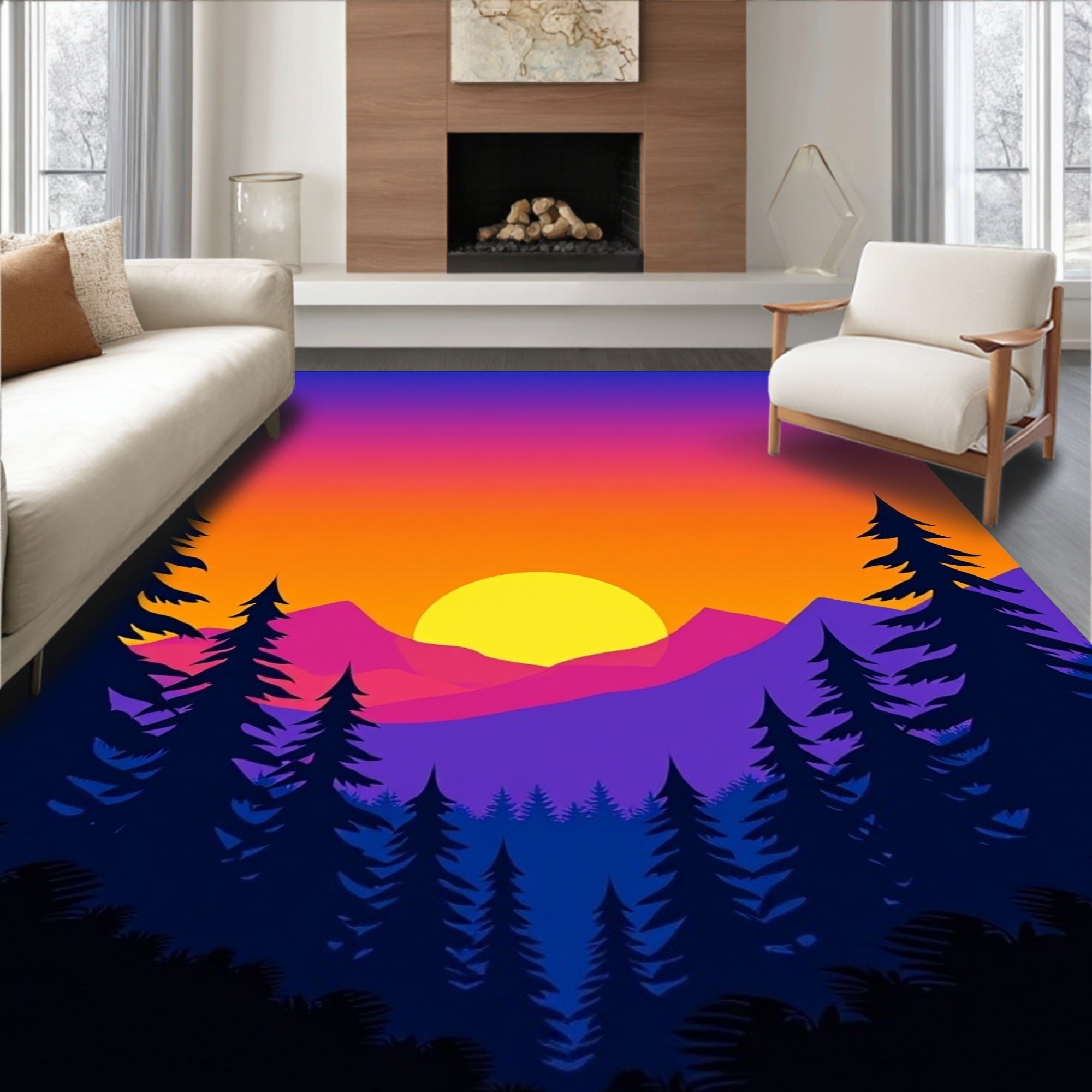 Vibrant Sunset Forest Mountain Landscape Rug