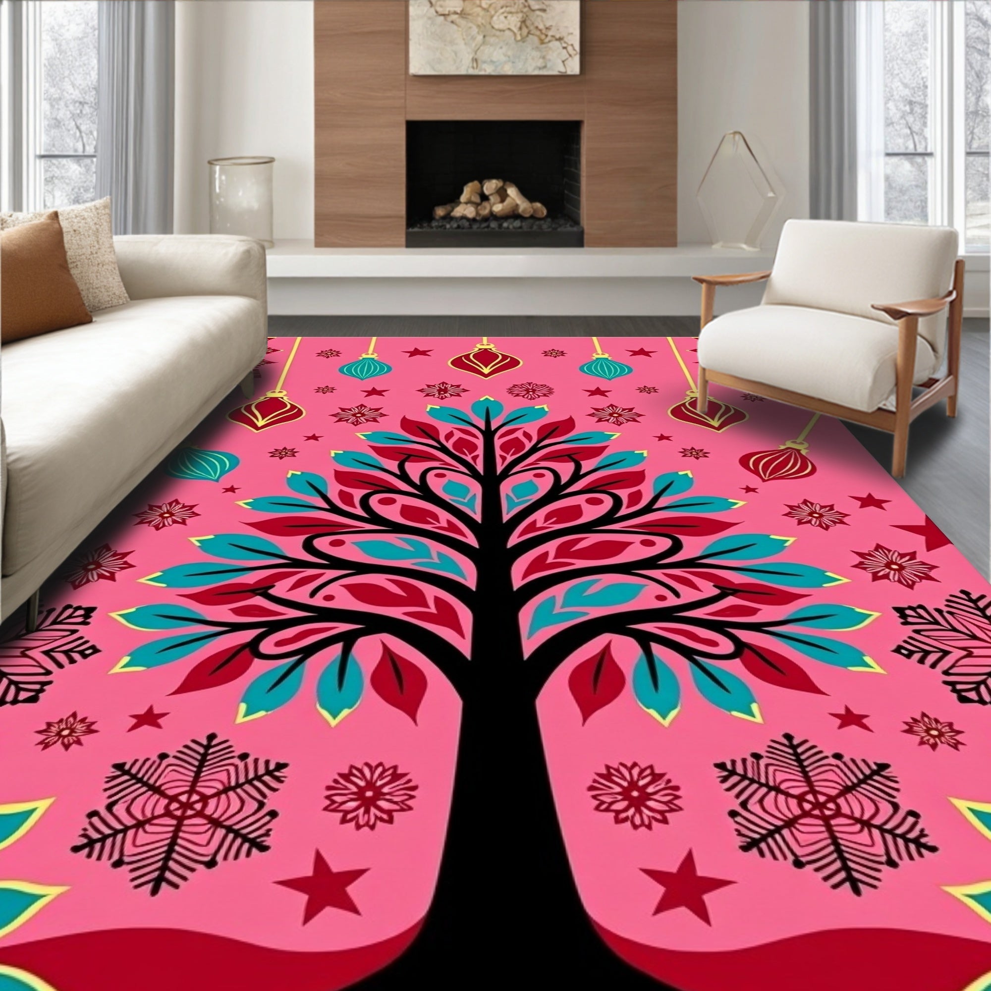 Pink Teal Red Ornament Tree Rug