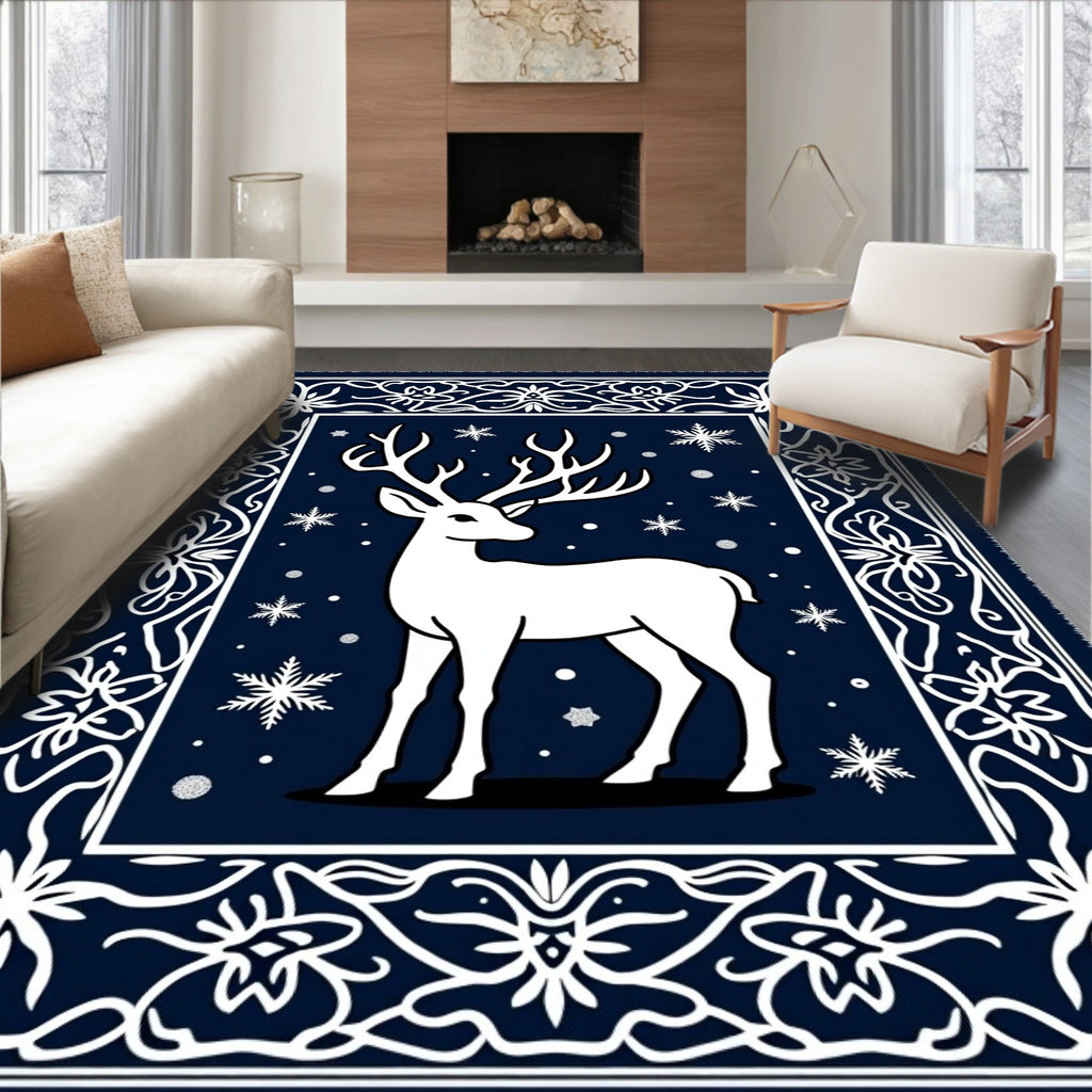 White Stag Winter Snowflakes Border Rug