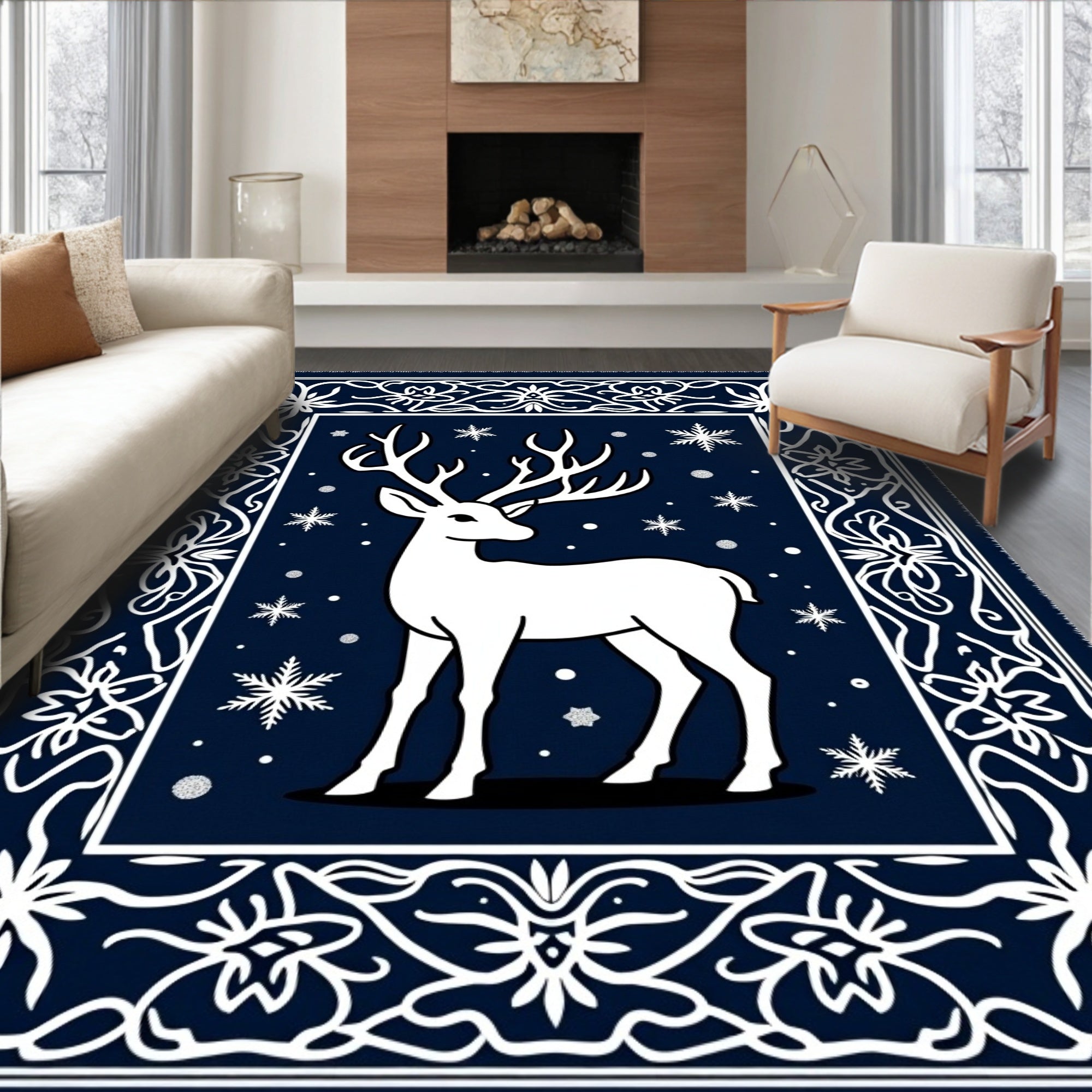 White Stag Winter Snowflakes Border Rug