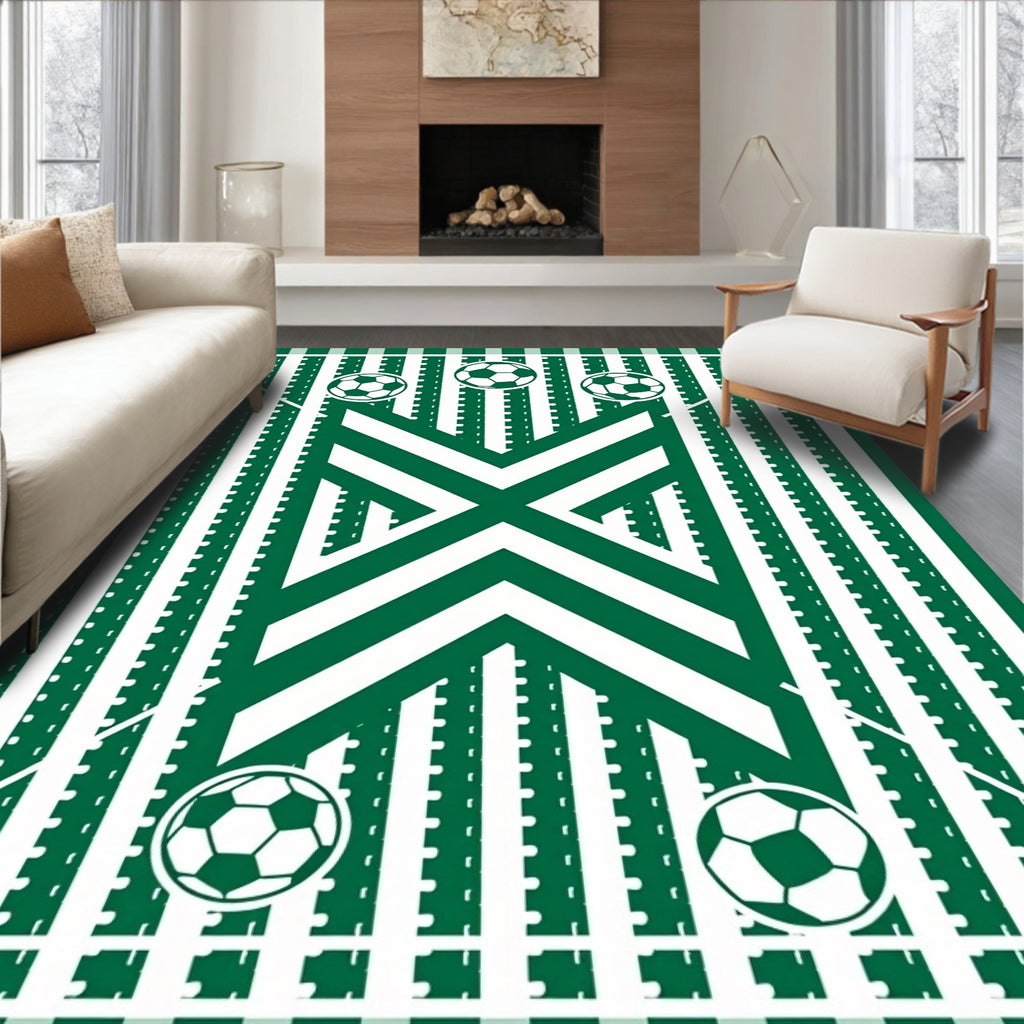 Green White Soccer Field Stripes Rug