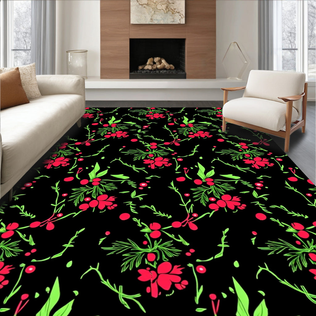 Red Berry Green Foliage Branches Rug
