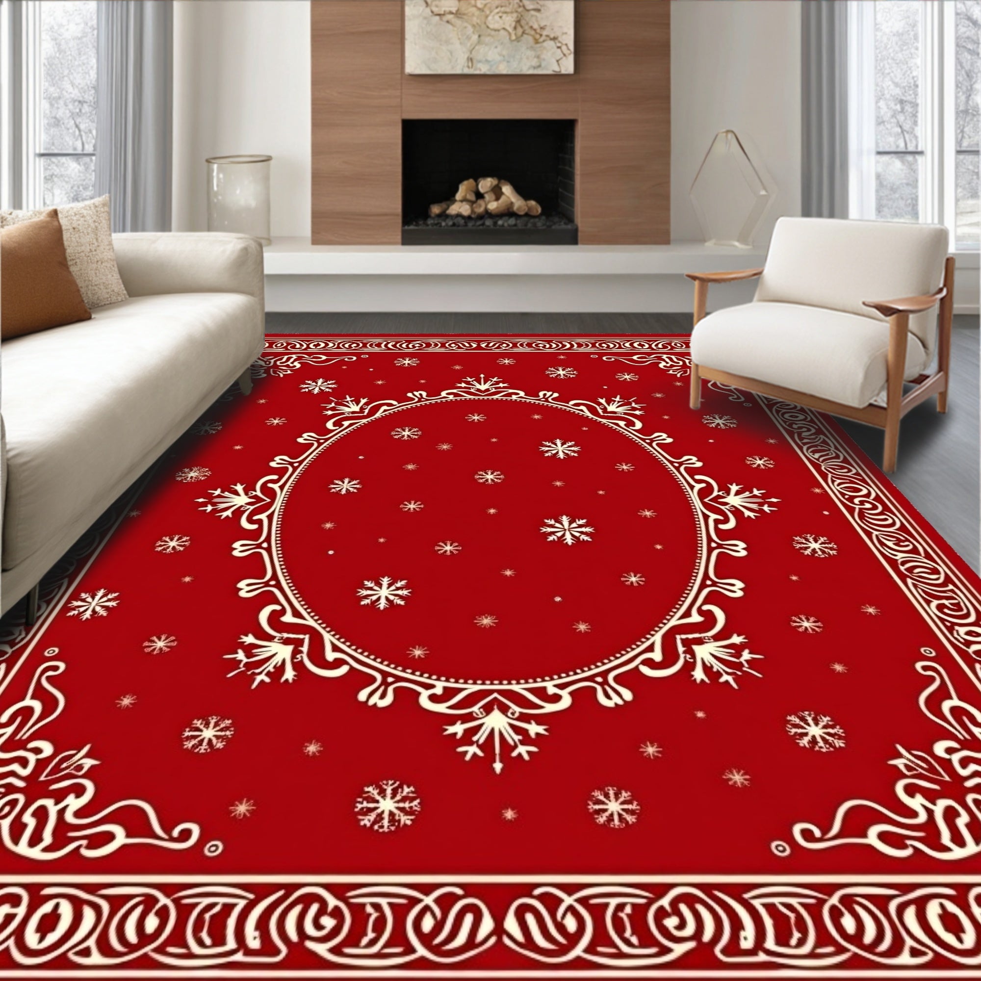 Crimson Snowy Snowflake Ornamental Rug