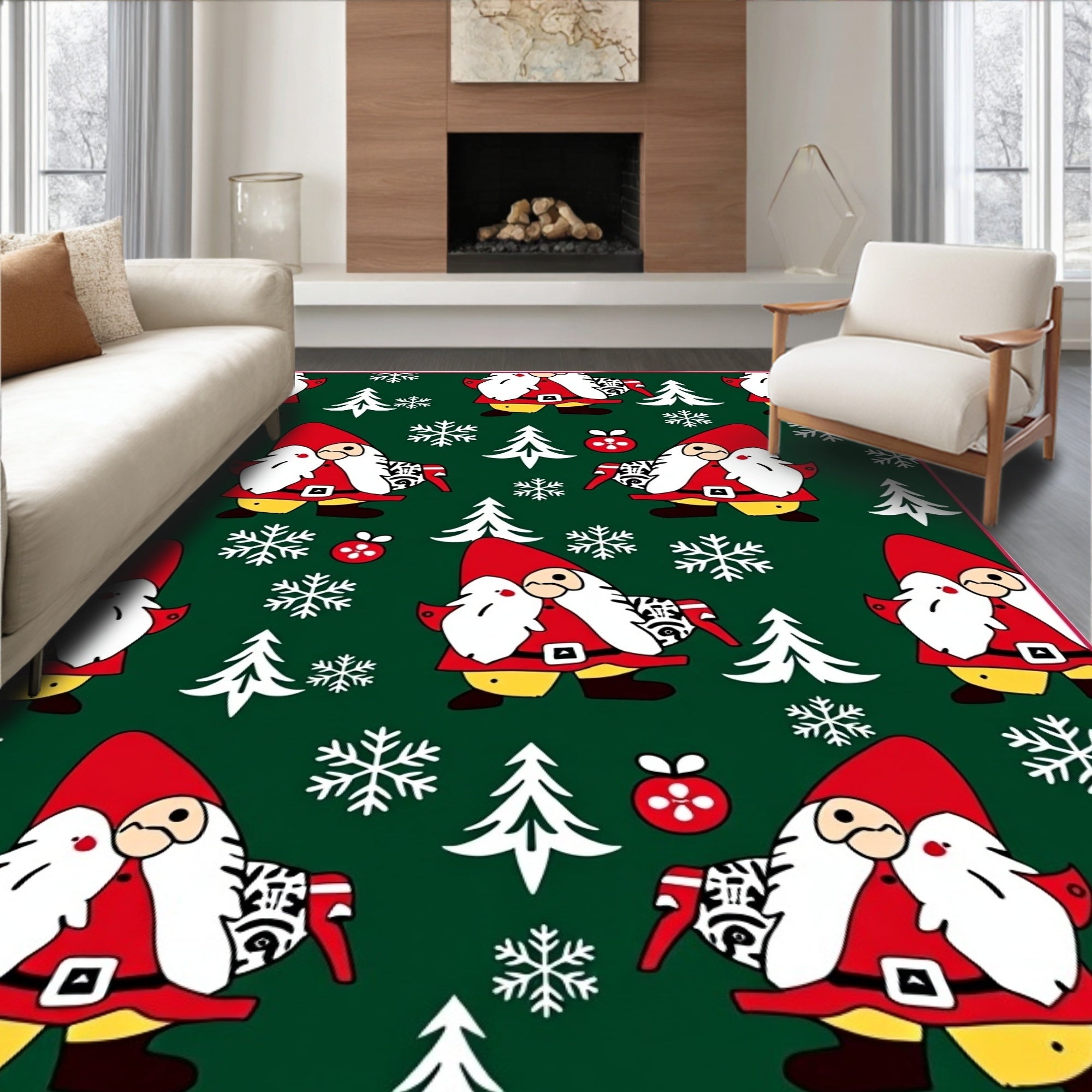 Festive Red Gnome Snowflake Forest Friends Rug