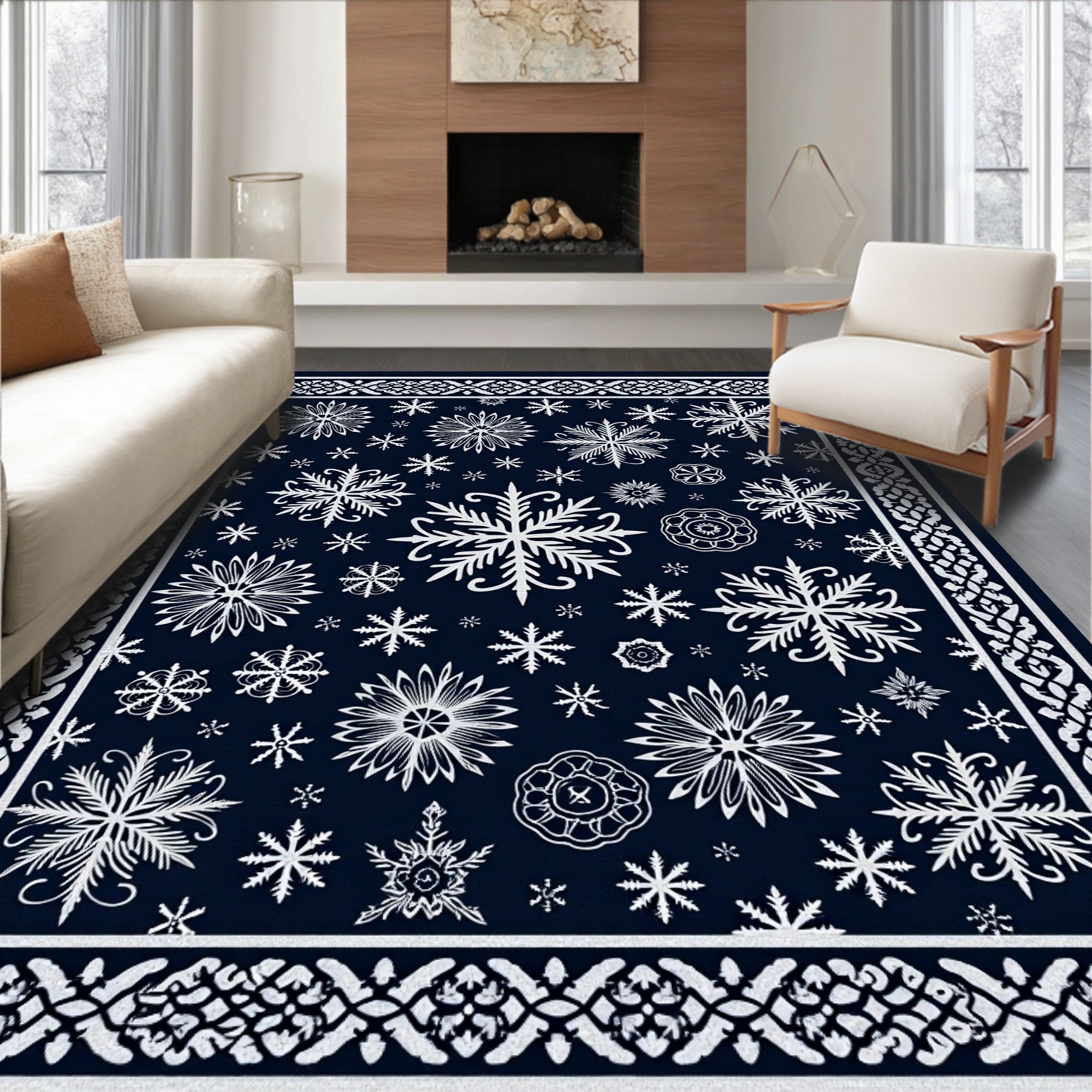 Navy White Snowflake Scatter Framed Rug