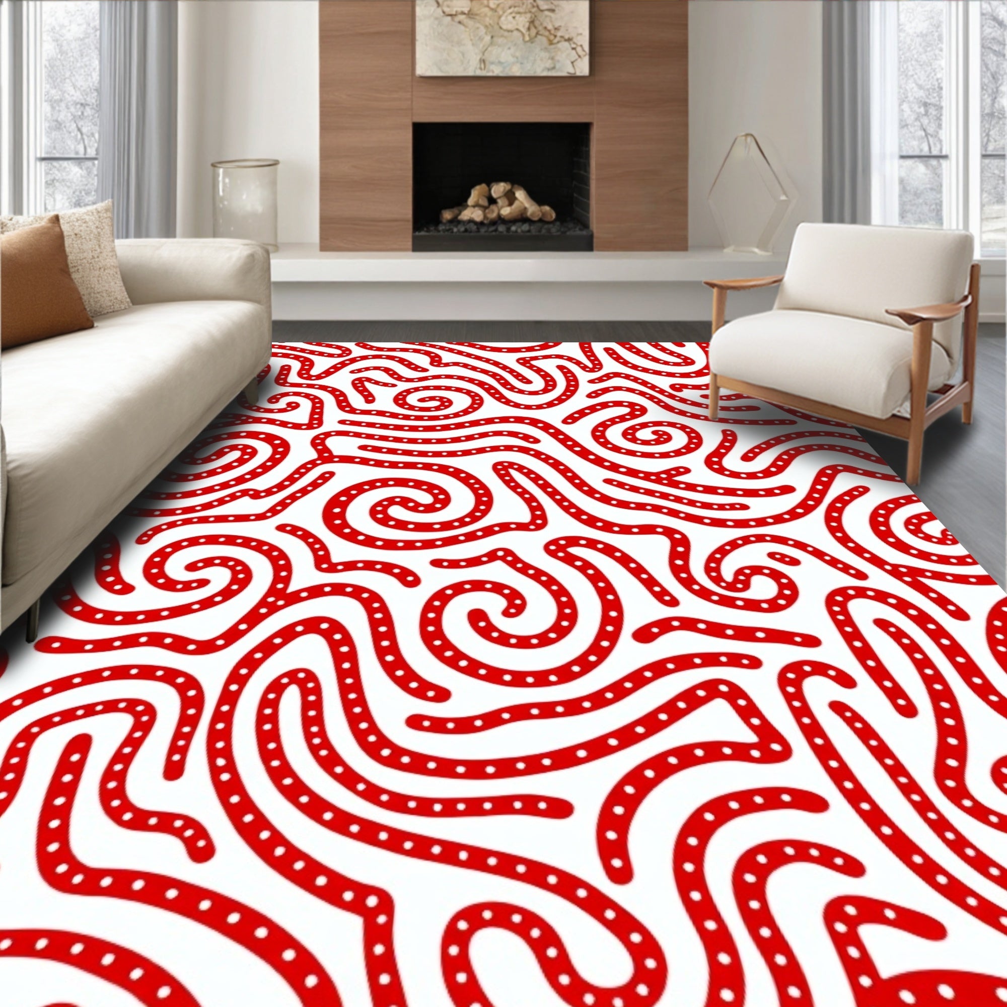 Red Swirl Dot Continuous Line Rug
