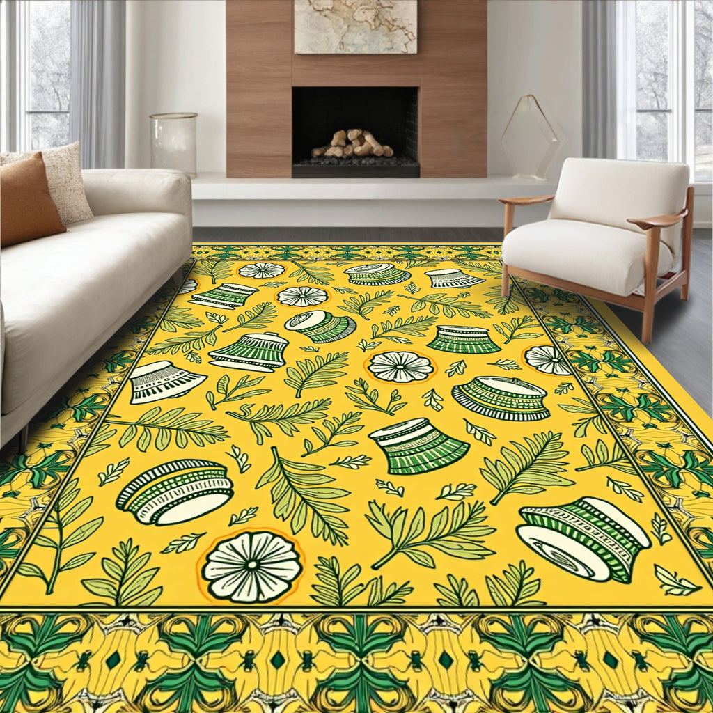 Golden Yellow Floral Bell Border Rug