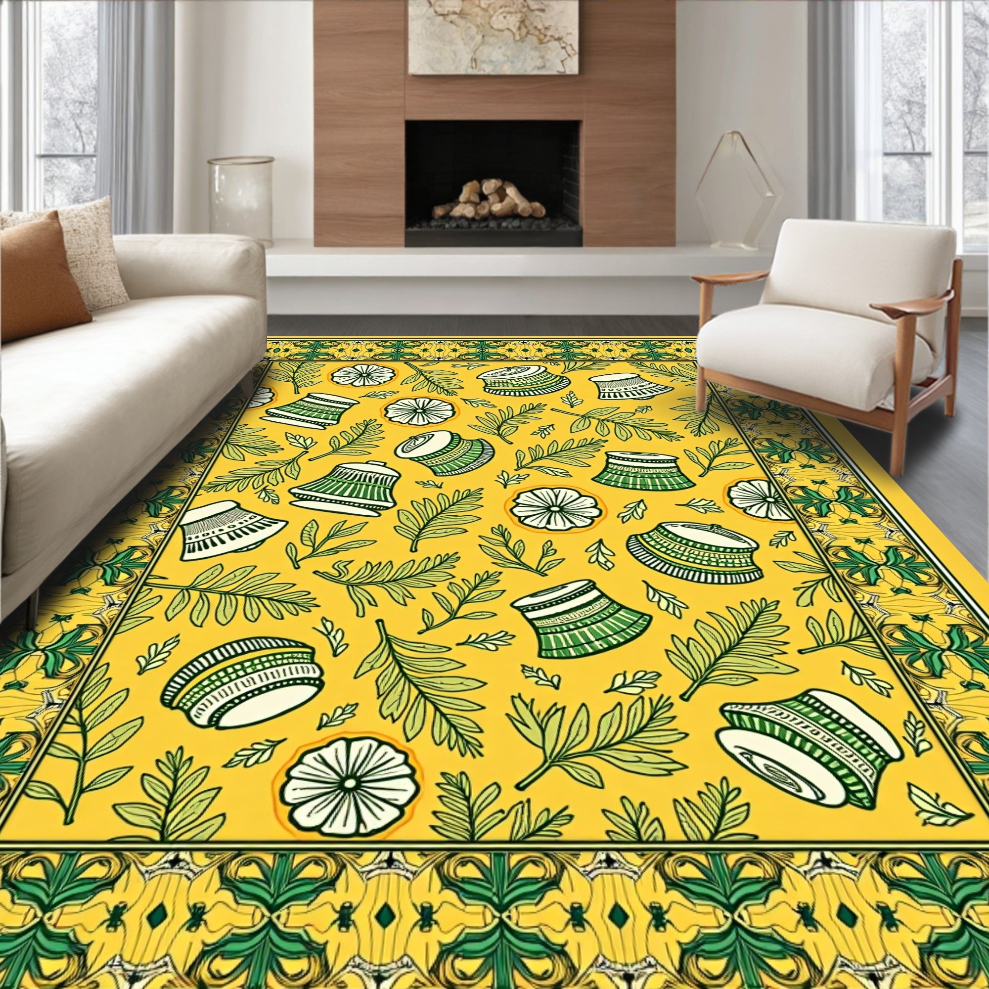 Golden Yellow Floral Bell Border Rug