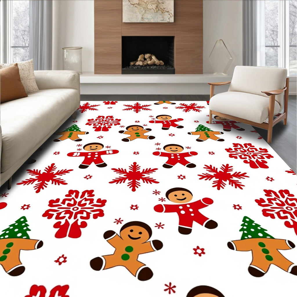 Red Gingerbread Snowflake Christmas Figures Rug