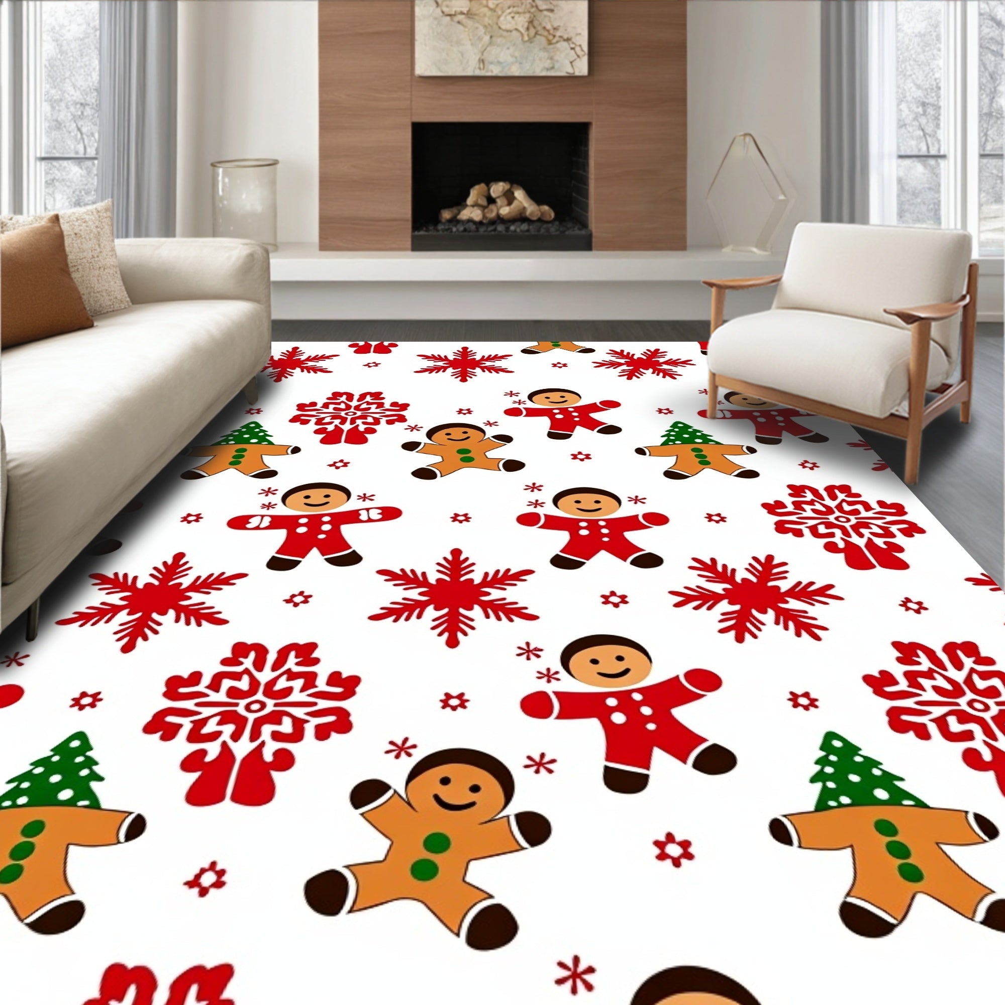 Red Gingerbread Snowflake Christmas Figures Rug