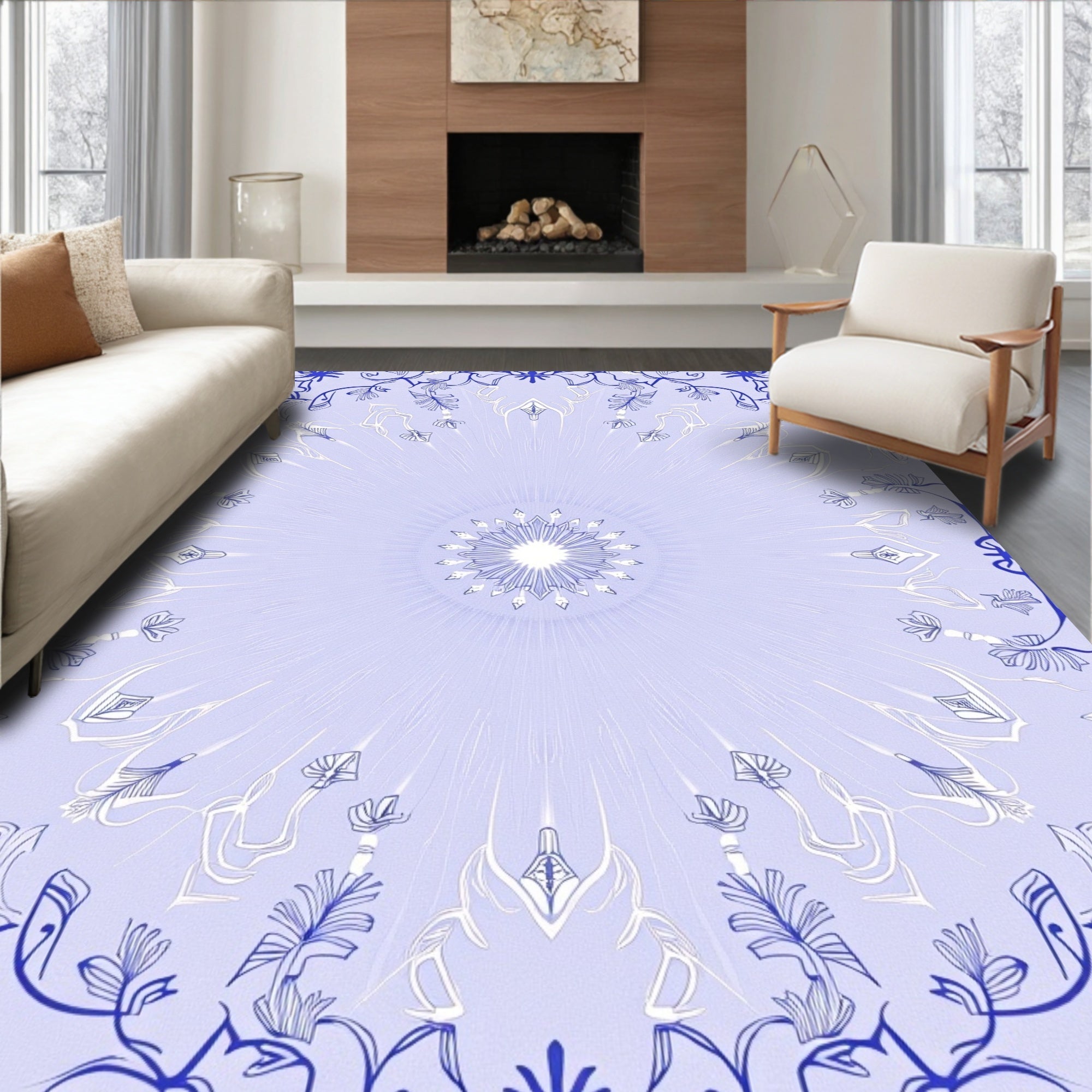 Elegant Blue White Floral Mandala Rug