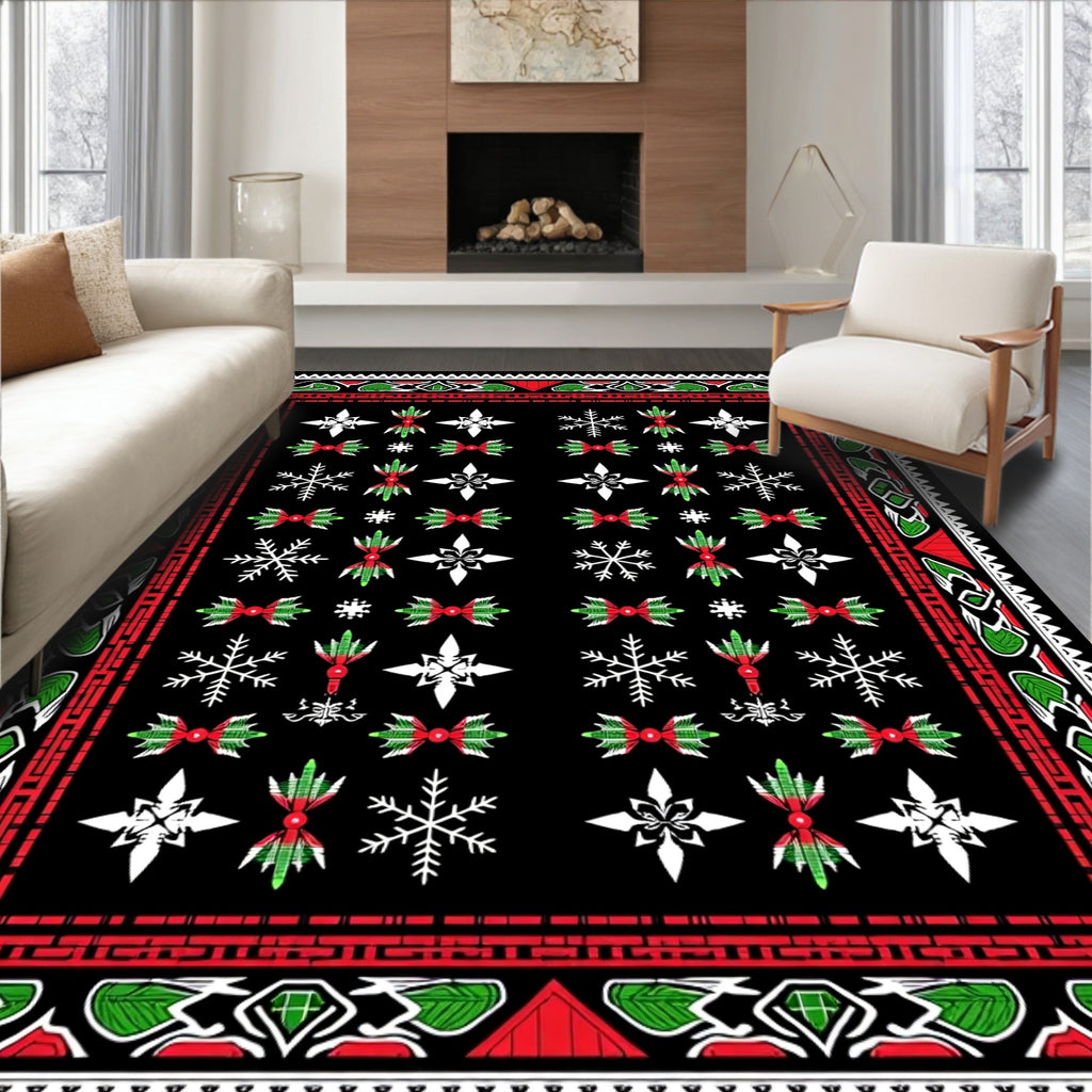 Red Green White Geometric Snowflake Rug