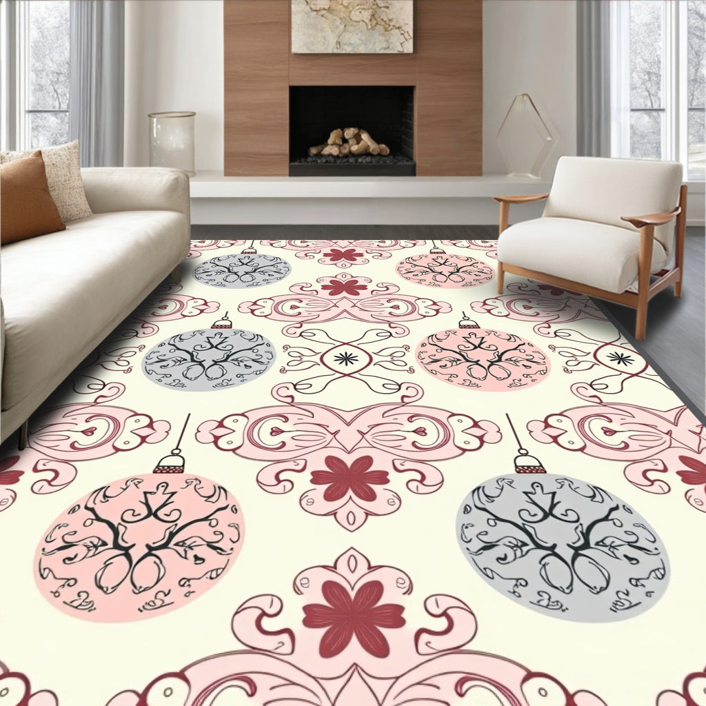 Pink Gray Festive Ornaments Repeating Pattern Rug