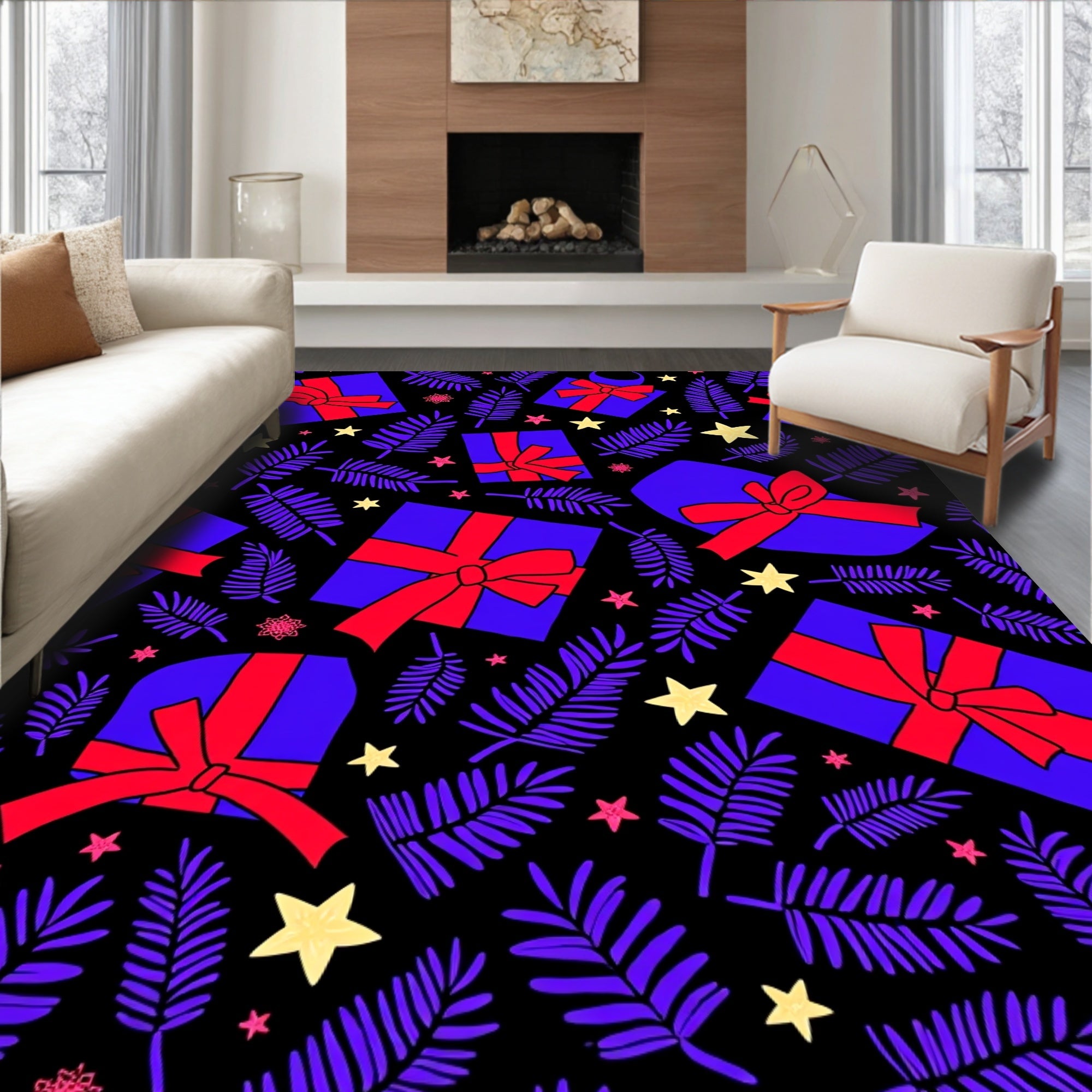 Bold Blue Gift Boxes Red Ribbons Stars Rug