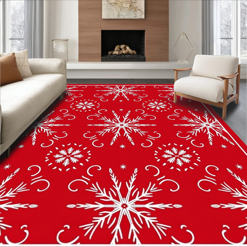 Red White Snowflake Winter Celebration Rug