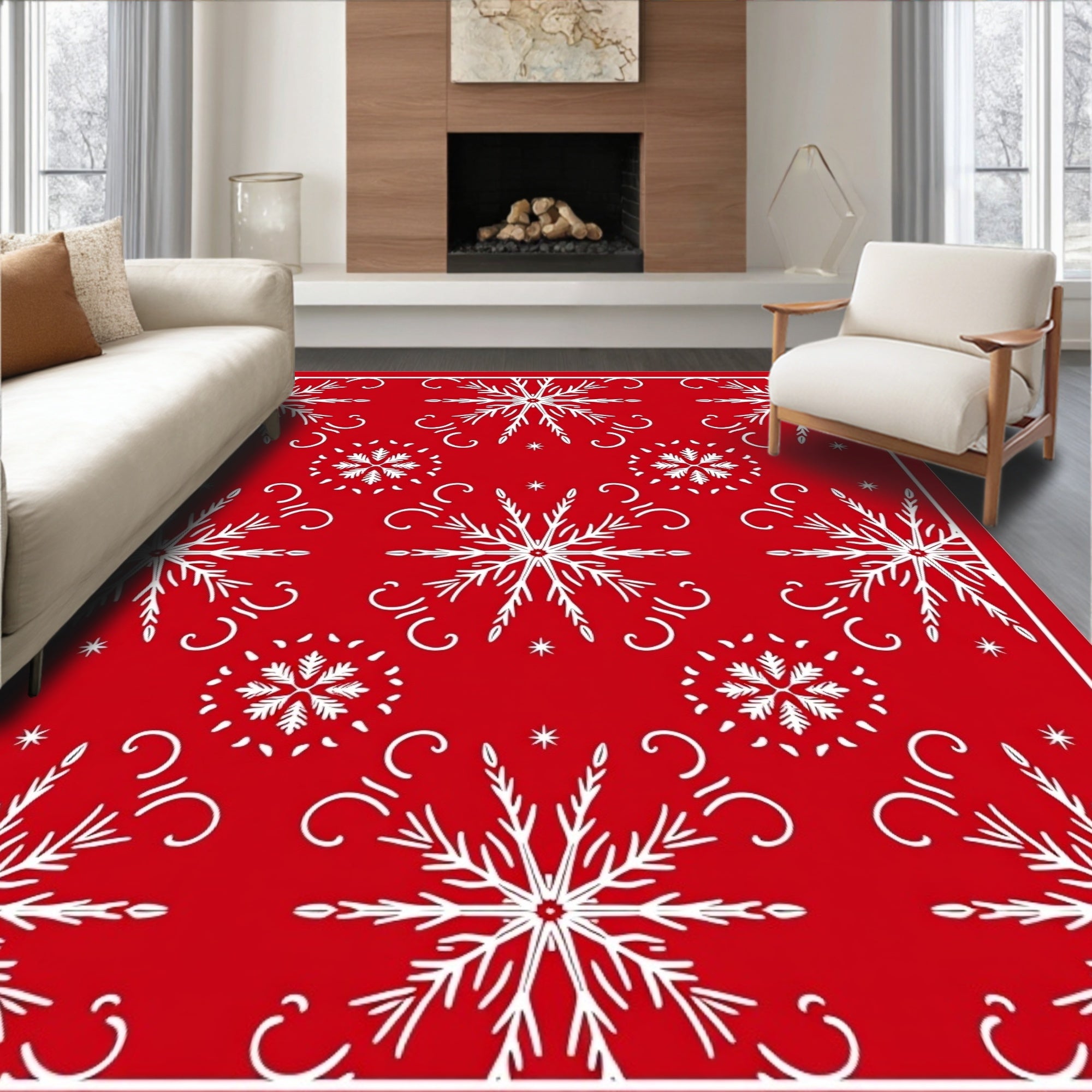 Red White Snowflake Winter Celebration Rug