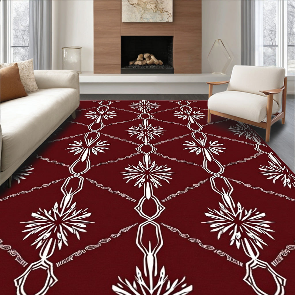 Deep Red White Starburst Diamond Rug