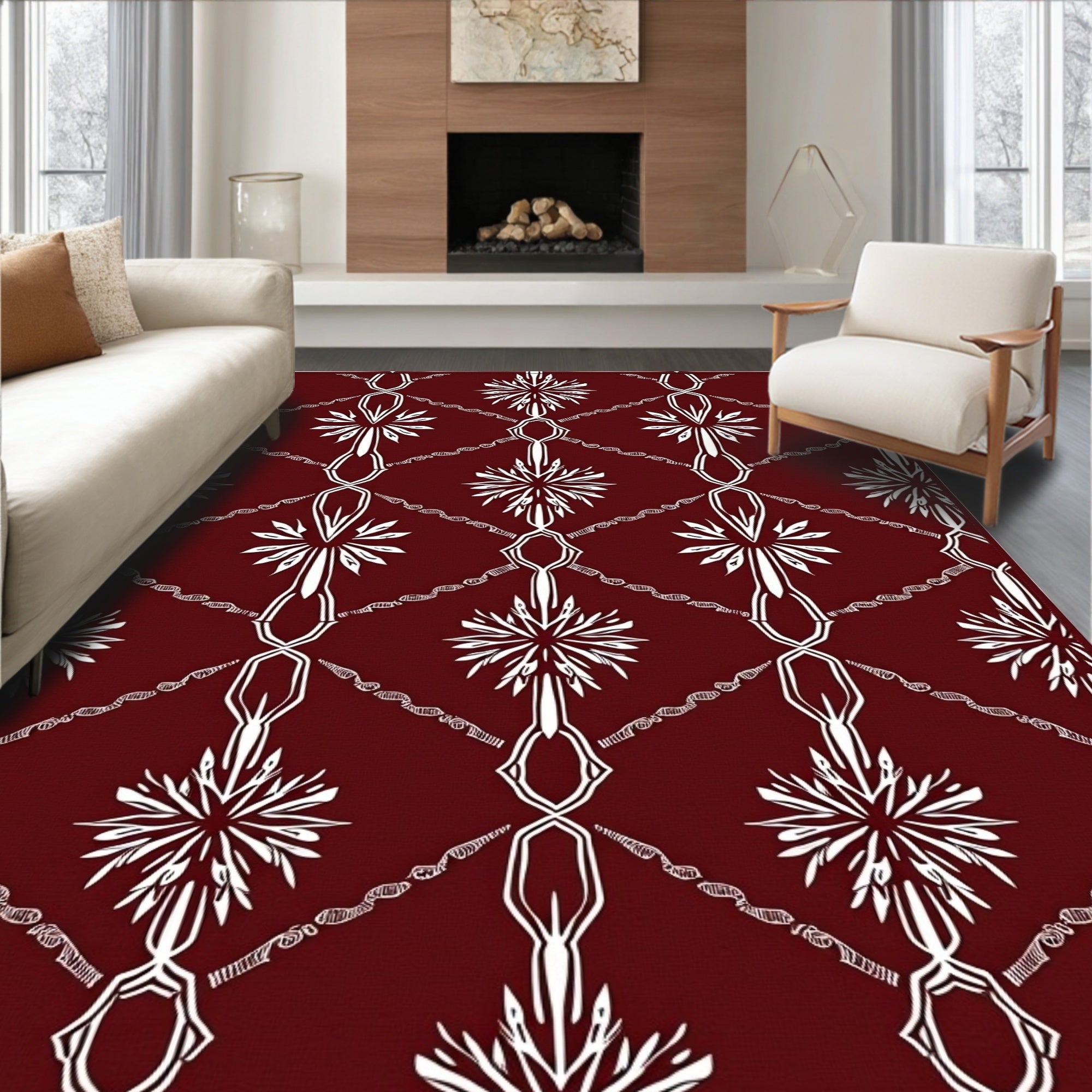 Deep Red White Starburst Diamond Rug