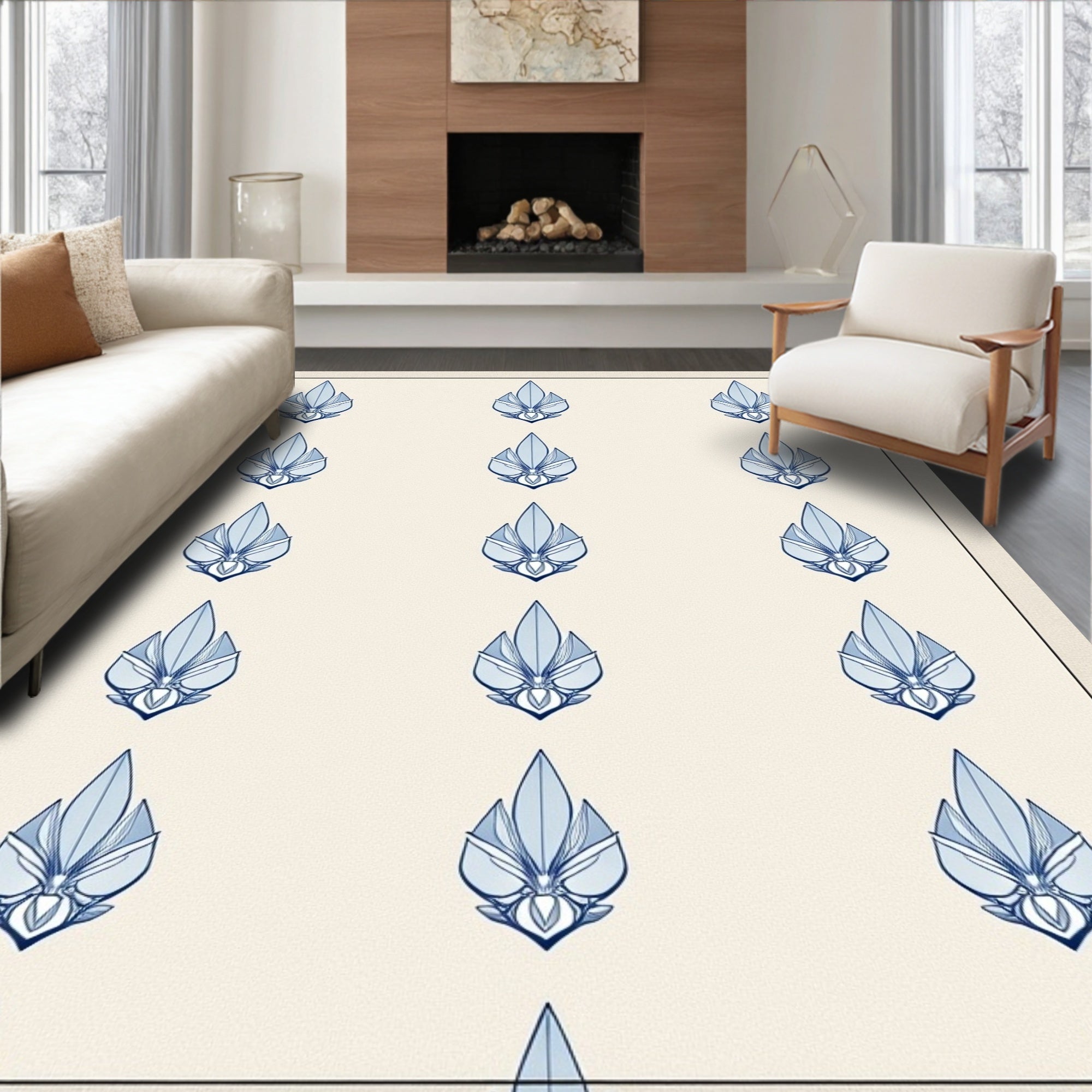 Pale Blue Leaf Medallion Repeat Rug