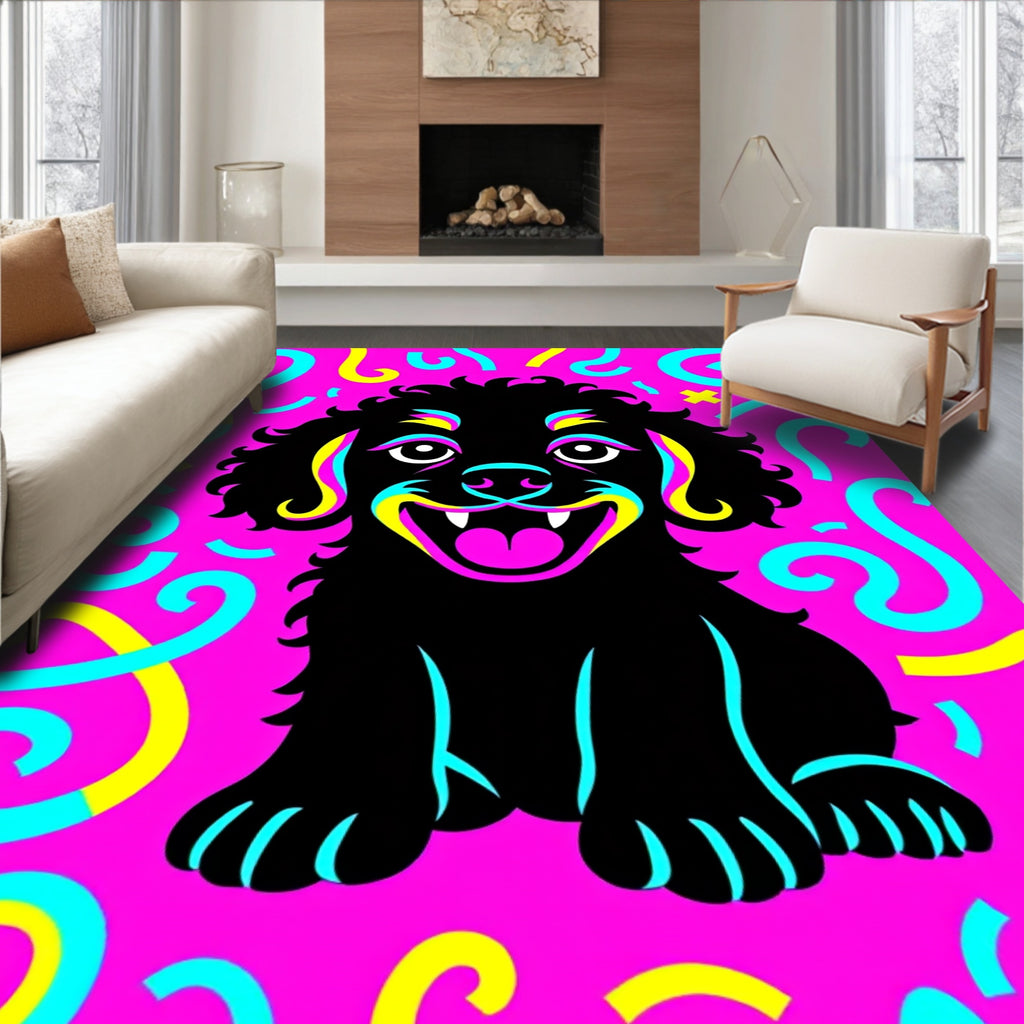 Vibrant Black Dog Bright Swirls Rug