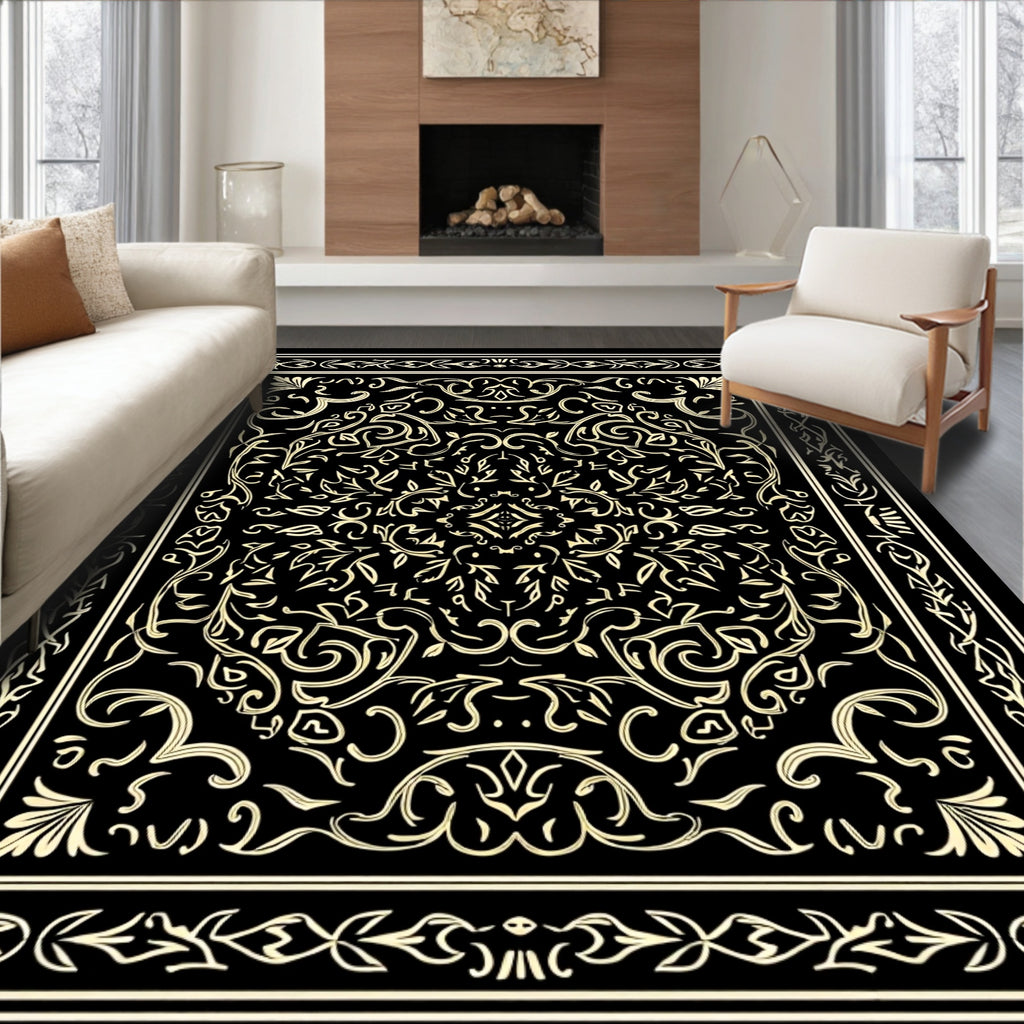 Classic Black and Gold Scrollwork Medallion Rug