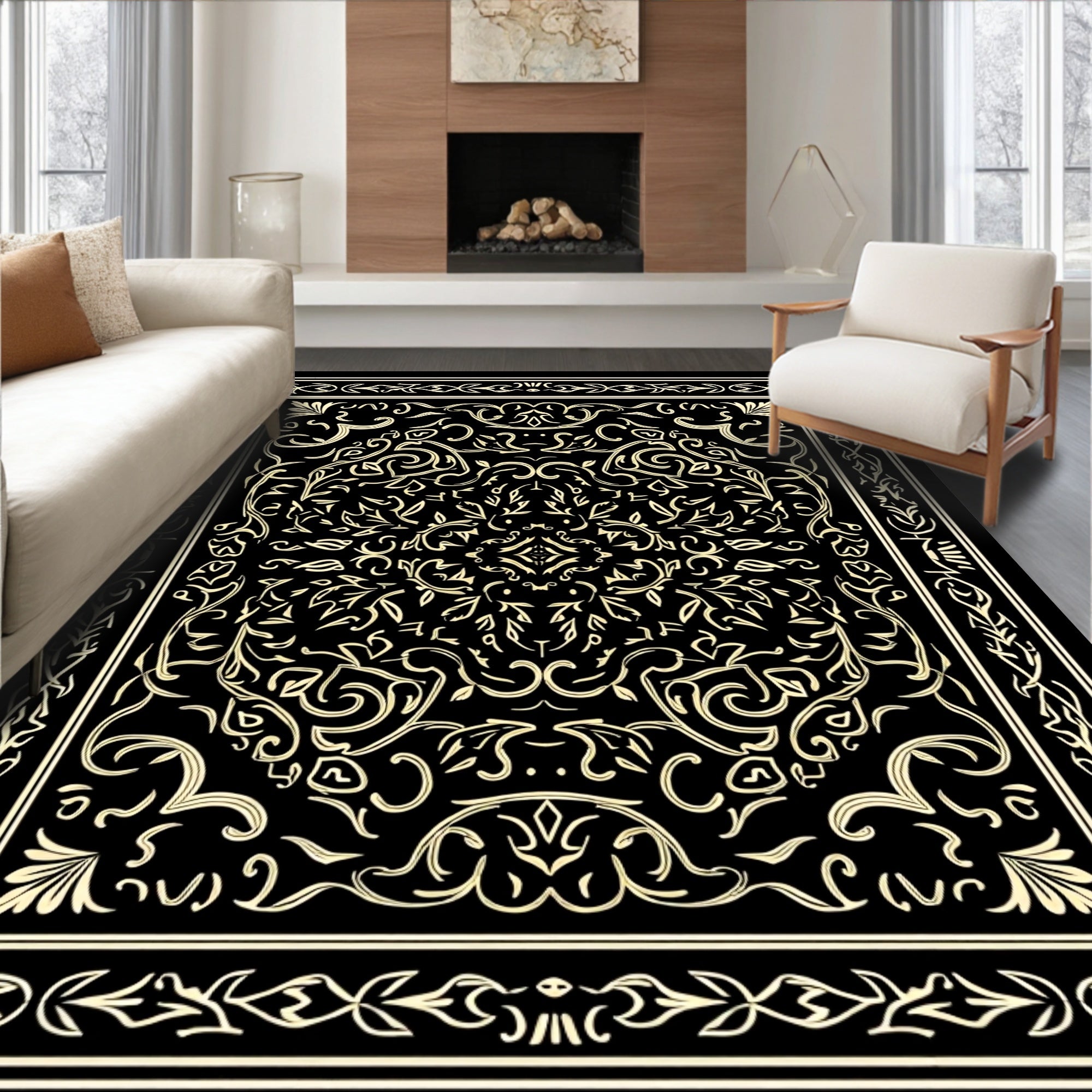 Classic Black and Gold Scrollwork Medallion Rug