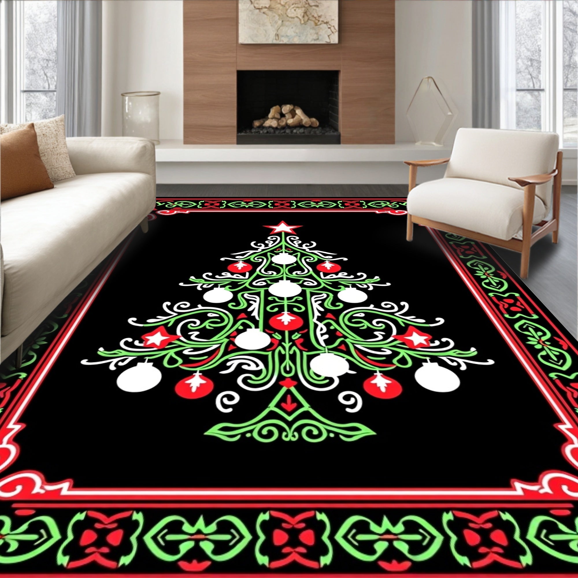 Festive Green White Red Christmas Tree Rug