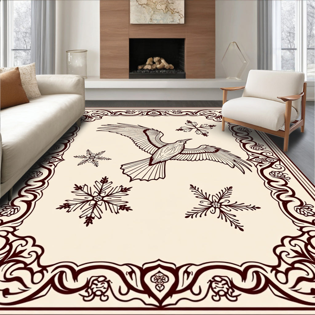 Crimson Bird and Snowflakes Ornate Border Rug