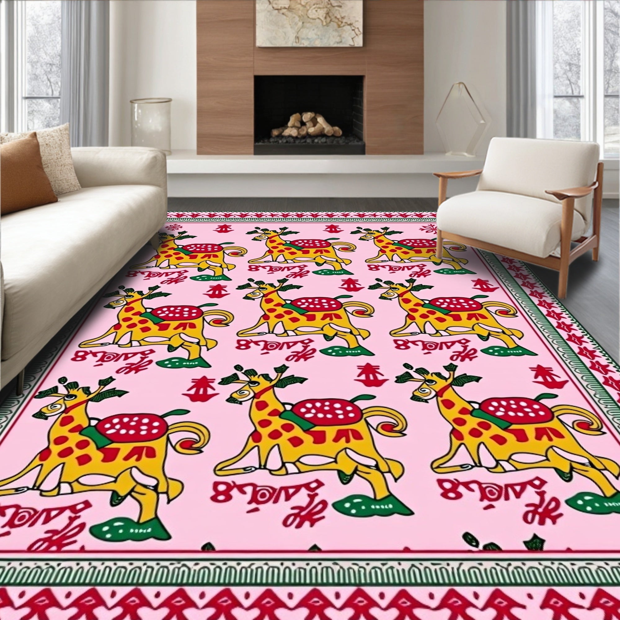 Whimsical Yellow Giraffe Pink Repeating Rug