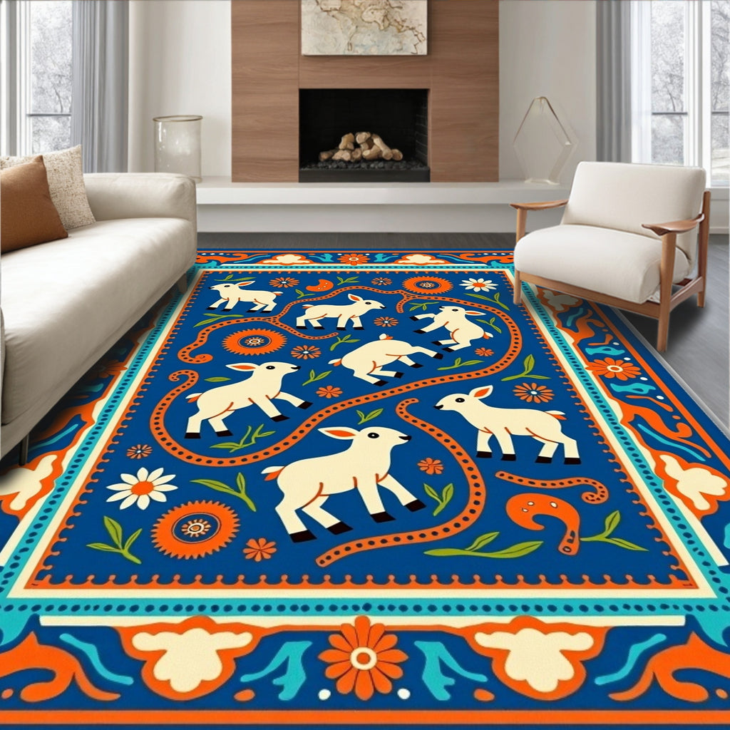 Playful White Lambs Blue Floral Border Rug