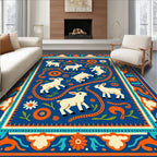 Playful White Lambs Blue Floral Border Rug