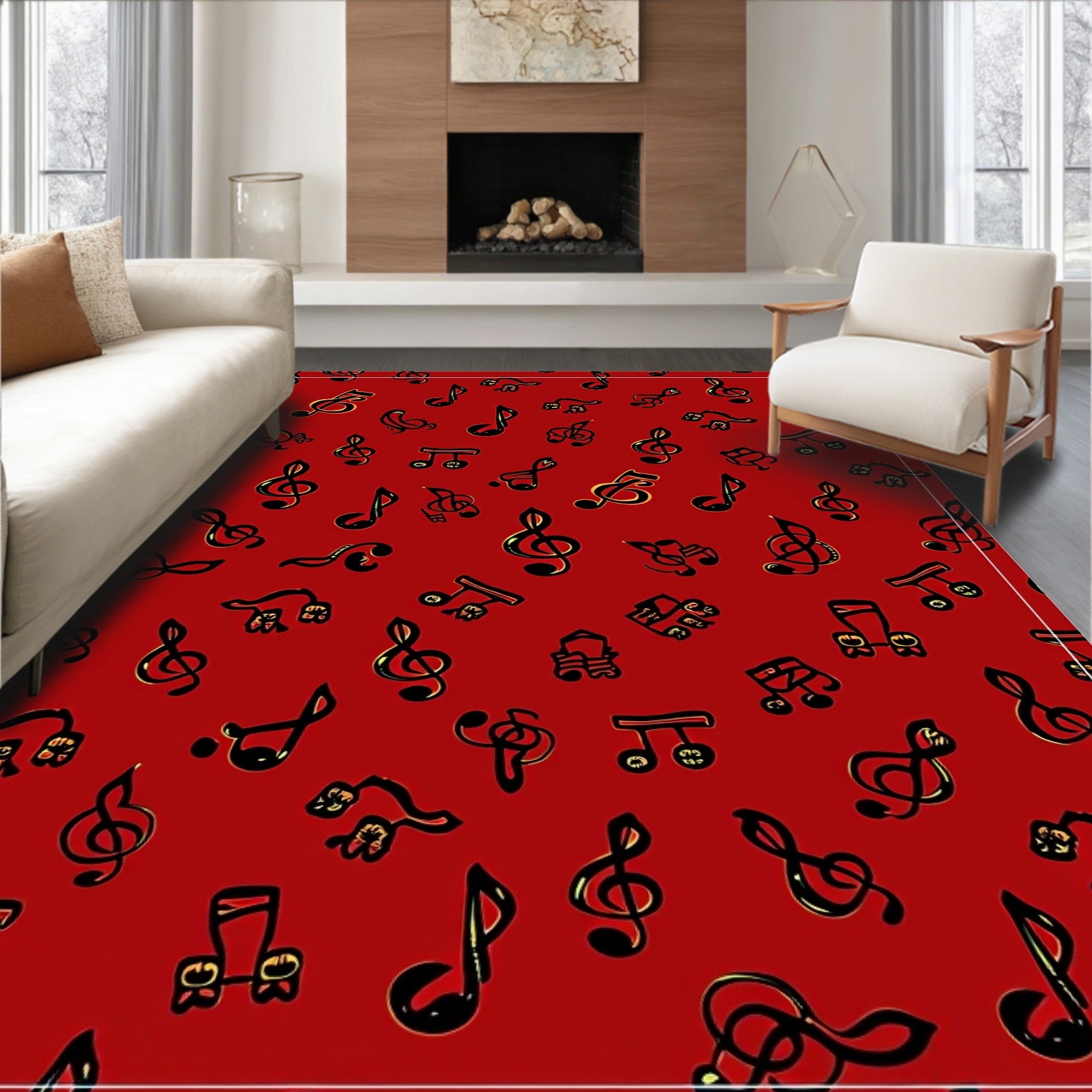 Crimson Red Musical Notes Collage Rug