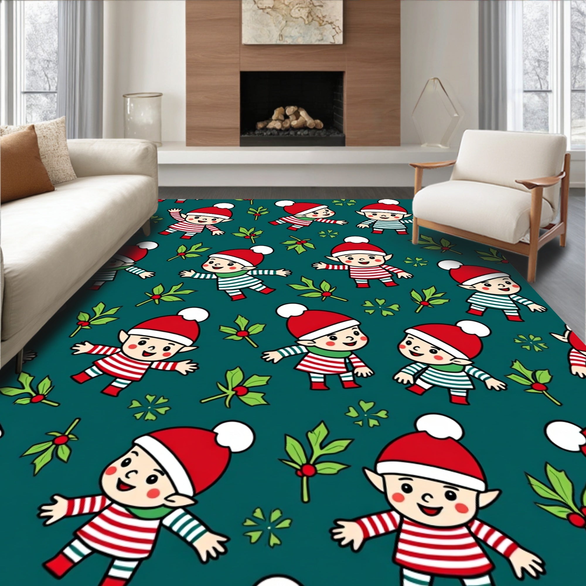 Christmas Elves Holly Botanical Teal Rug