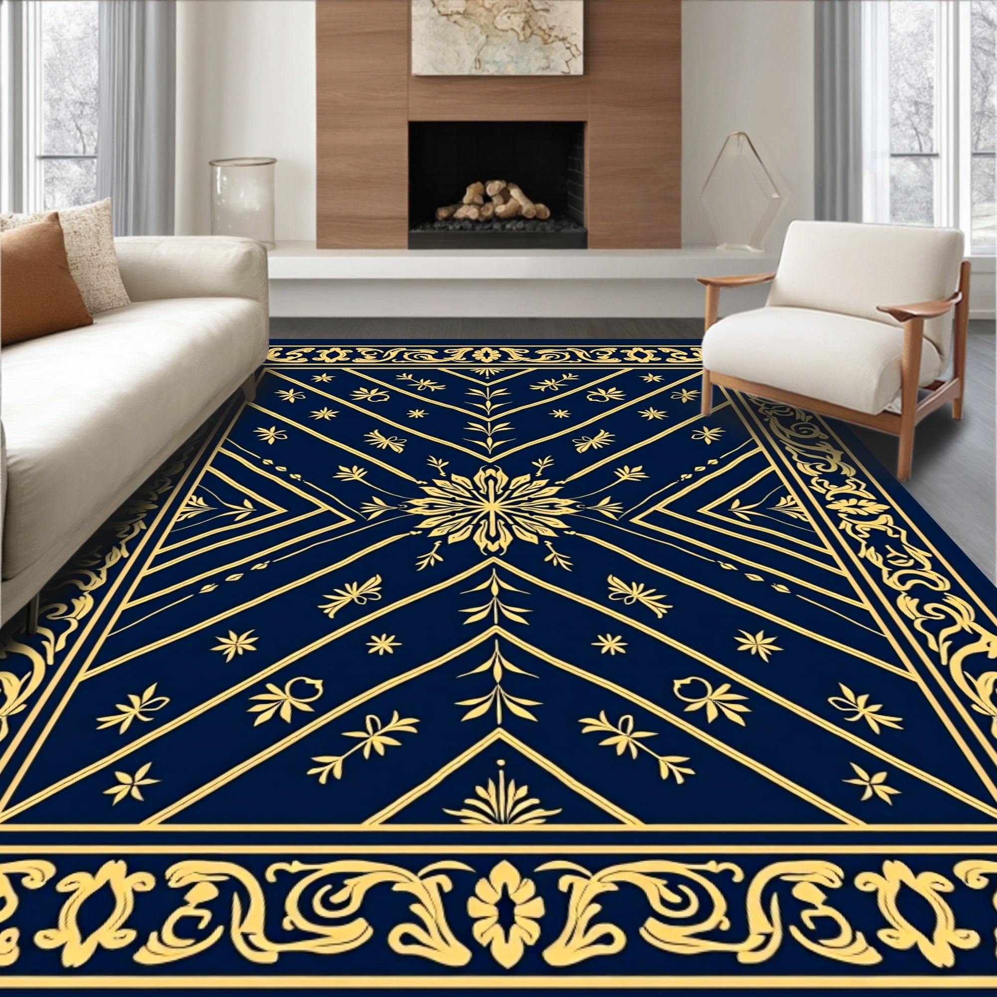 Golden Navy Floral Medallion Lattice Rug