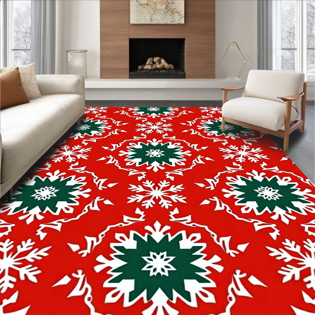 Red White Green Snowflake Medallion Rug