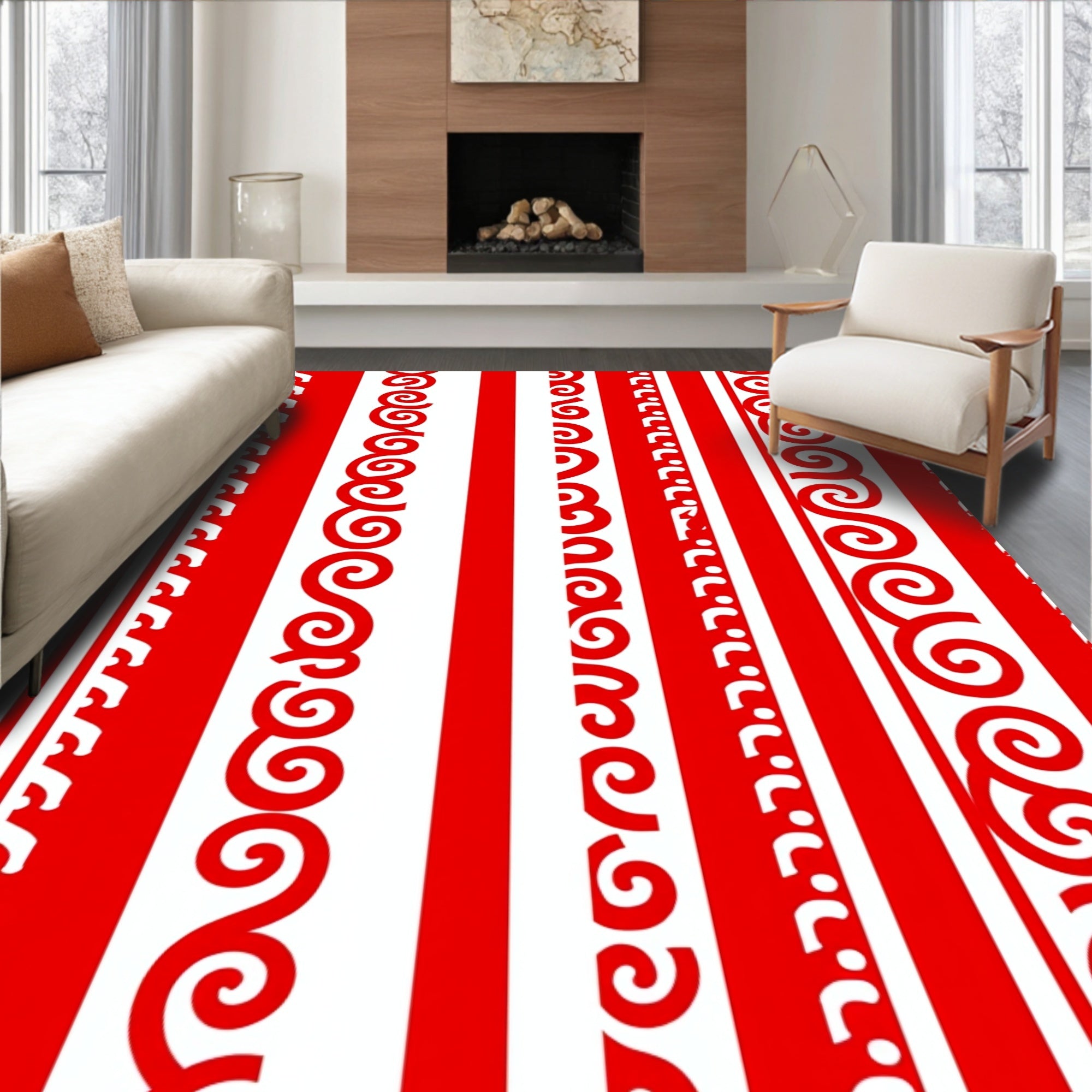 Bold Red White Striped Scroll Border Rug