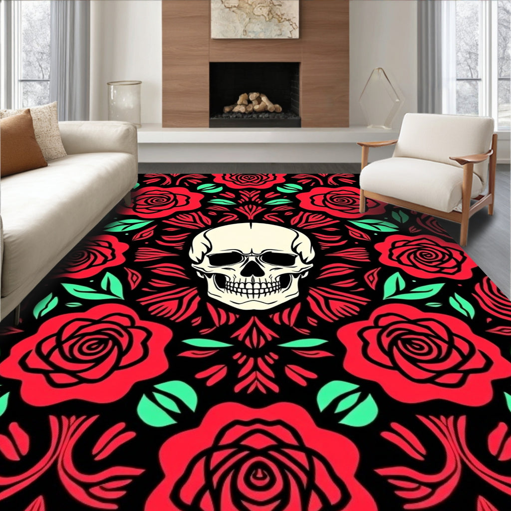 Crimson Rose Skull Americana Rug