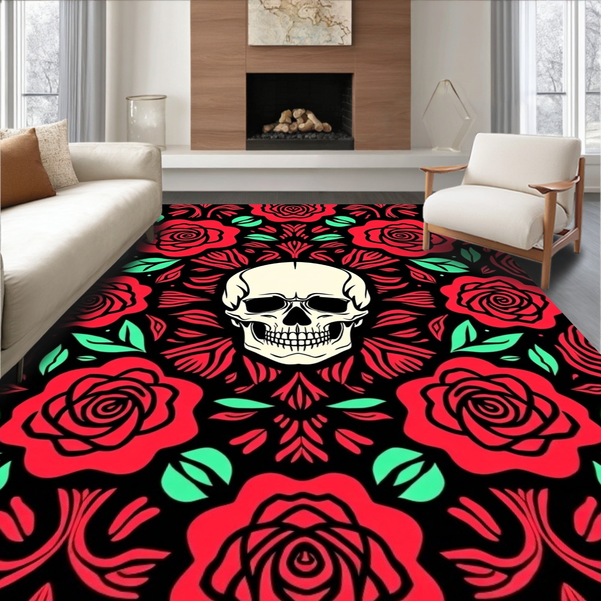 Crimson Rose Skull Americana Rug