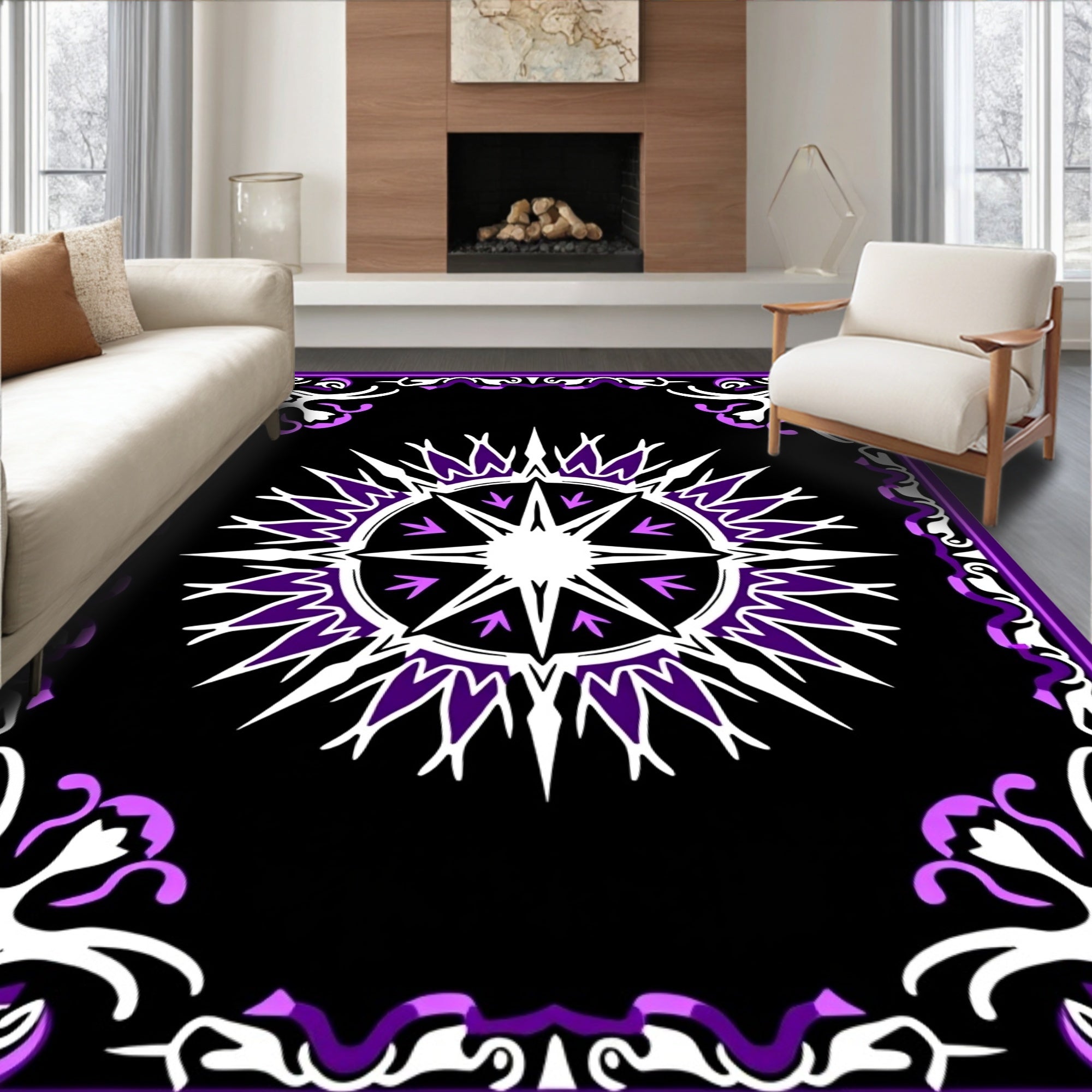 Purple White Sunburst Mandala Border Rug