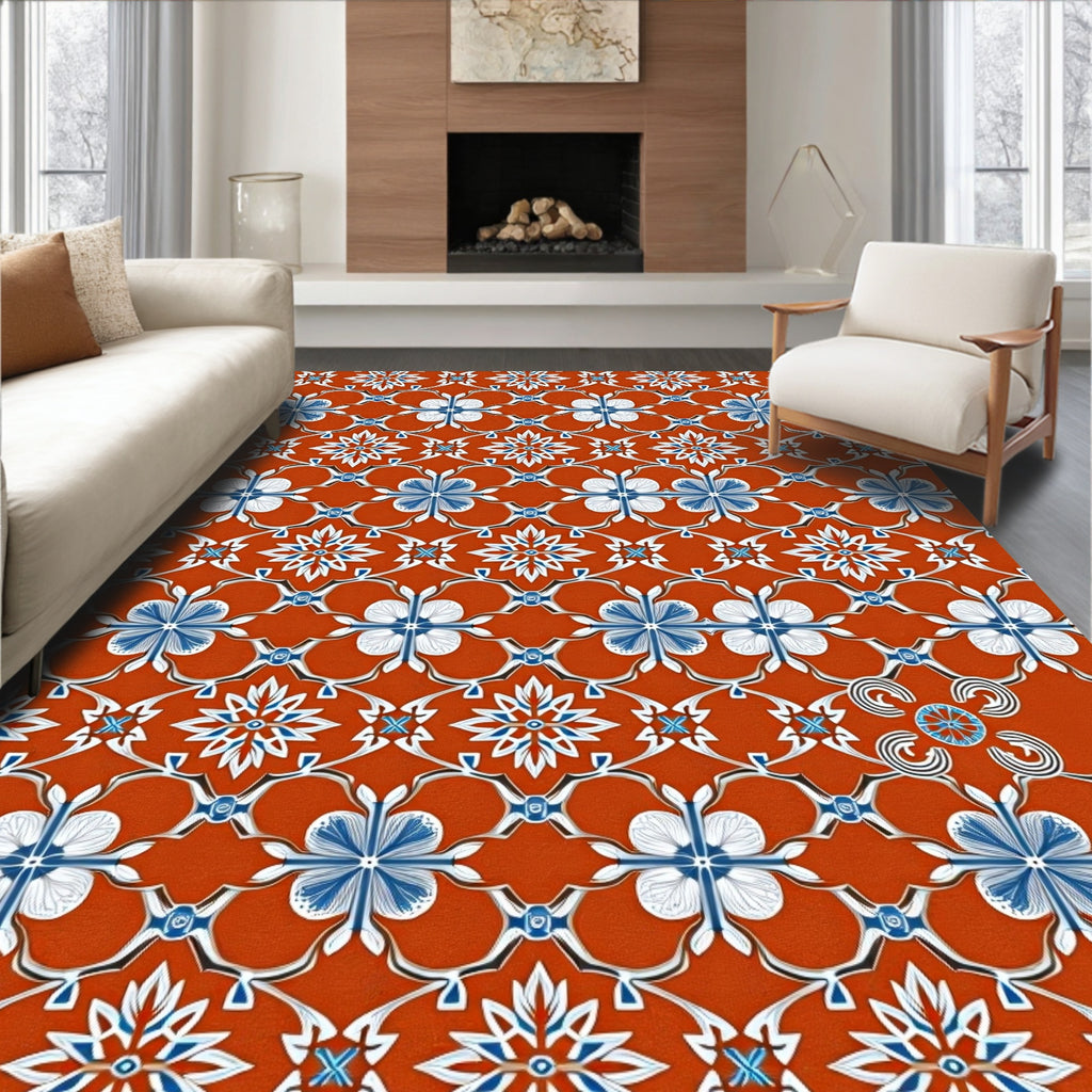 Oriental Blue White Floral Lattice Rug