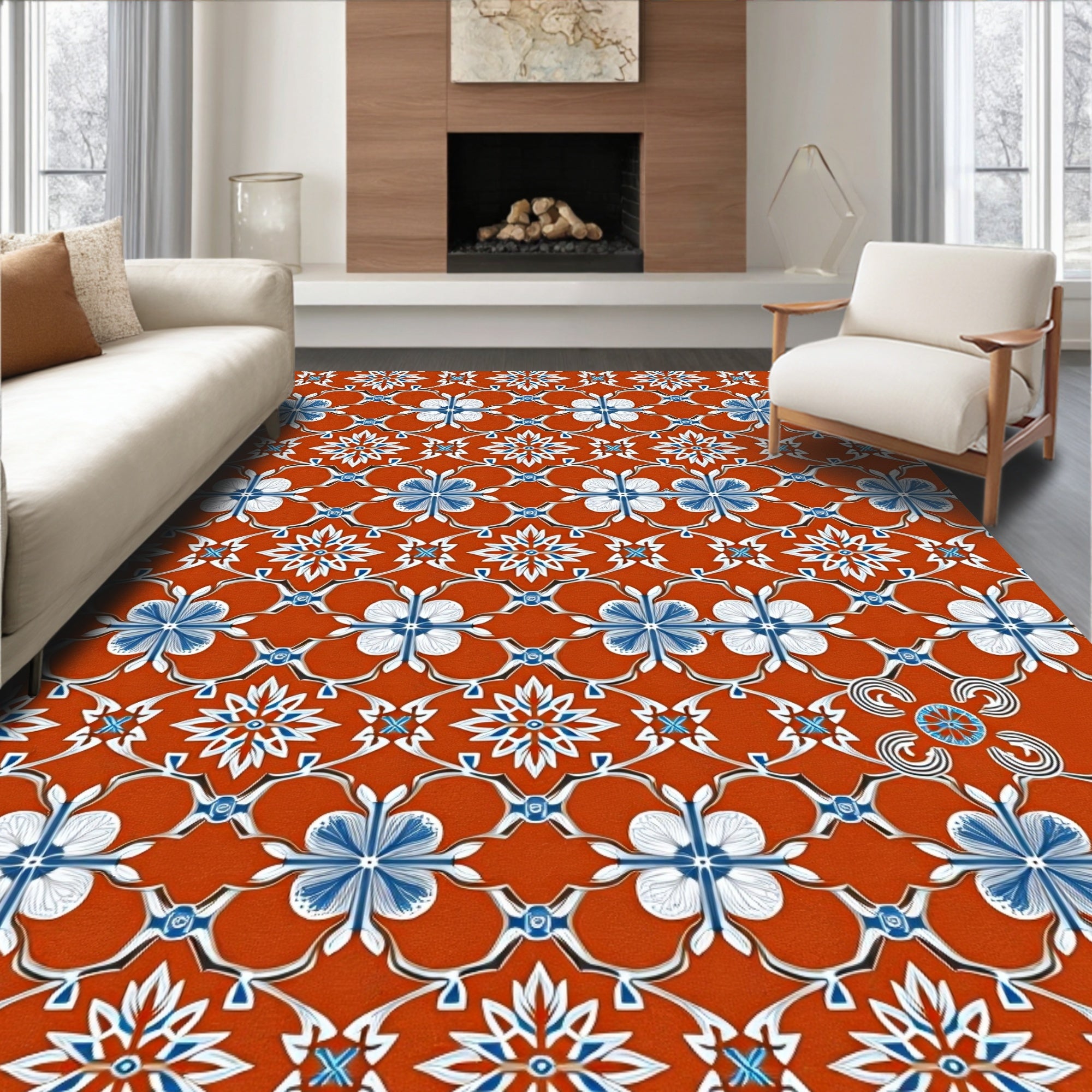 Oriental Blue White Floral Lattice Rug