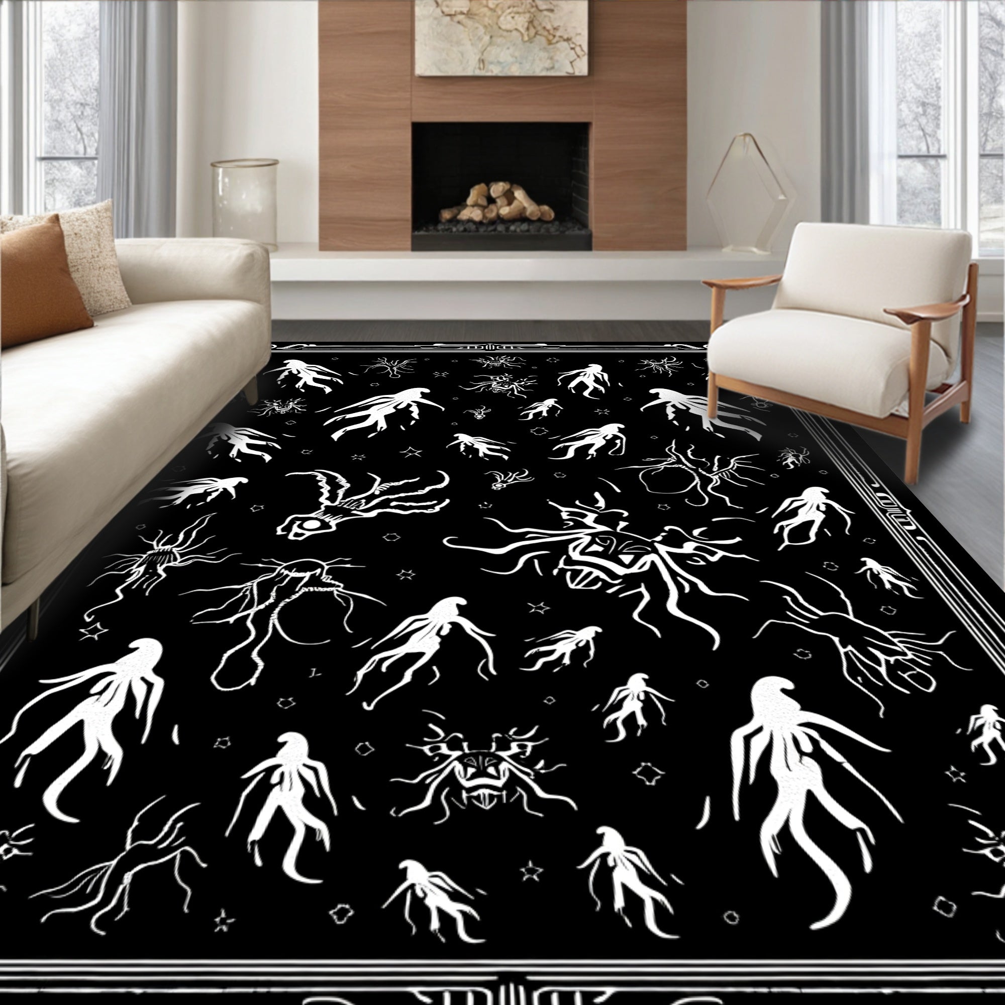Creepy White Figures Black Field Collection Rug