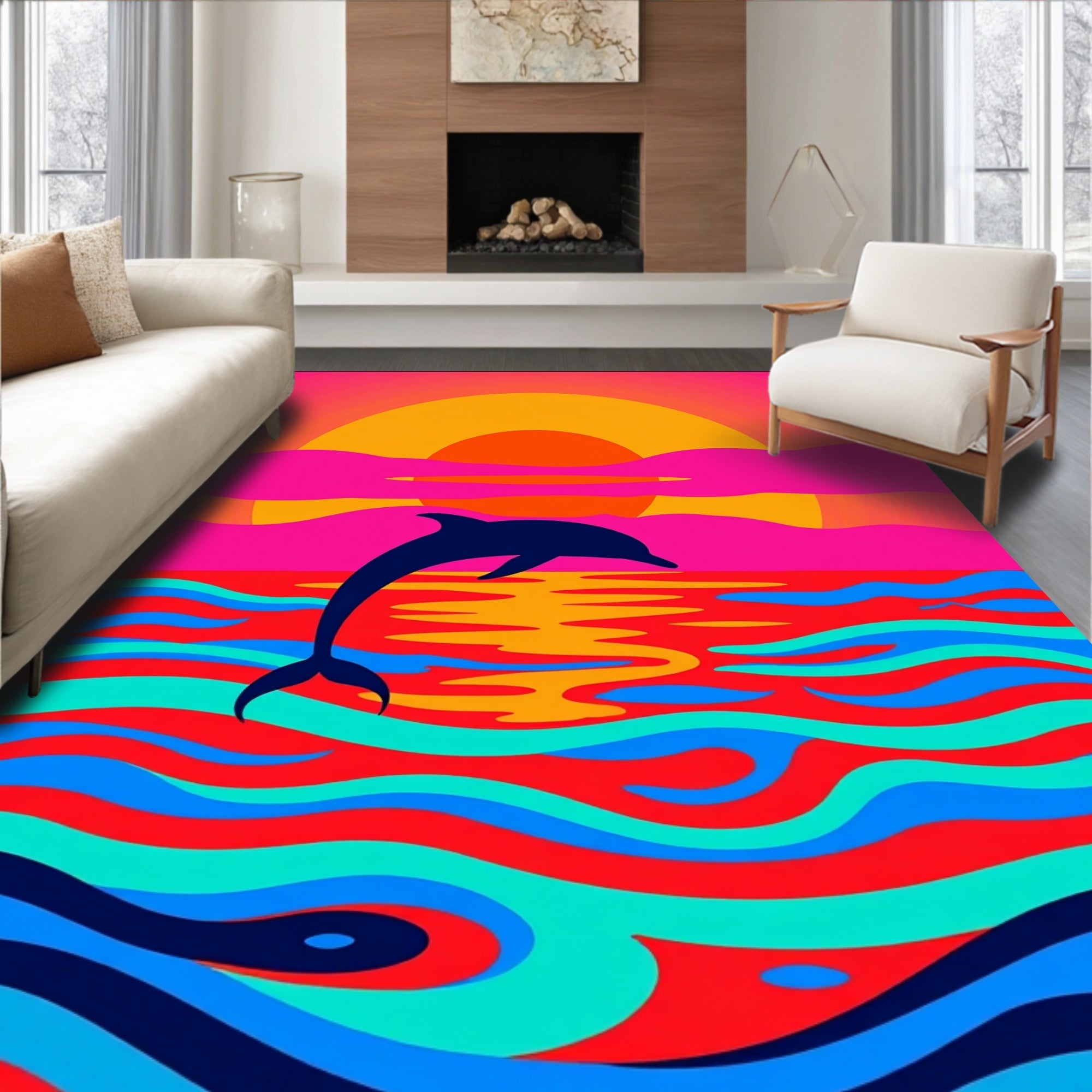 Vibrant Pink Sunset Dolphin Ocean Waves Rug