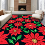 Crimson Red Floral Burst With Green Leaves Rug