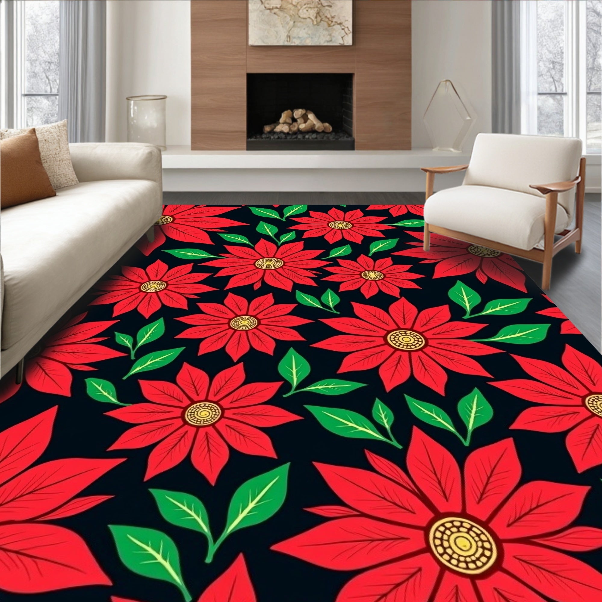 Crimson Red Floral Burst With Green Leaves Rug