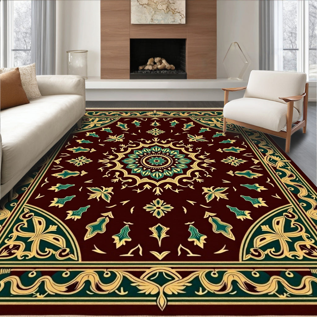 Maroon Green Gold Medallion Garden Rug